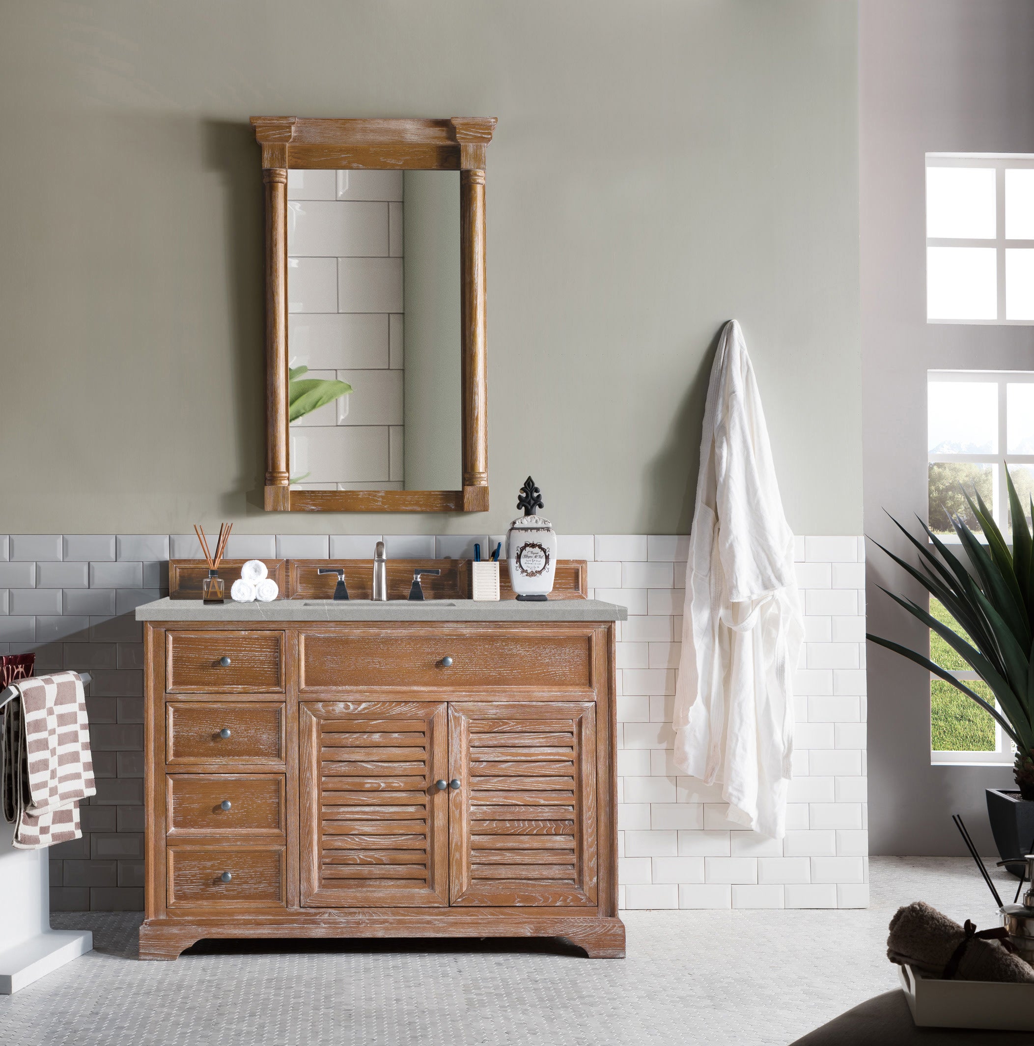Savannah 48 Inch Single Vanity Cabinet in Driftwood Finish with 3CM Eternal Serena Quartz Top – Perfect for Bathroom Remodeling & Modern Home Decor