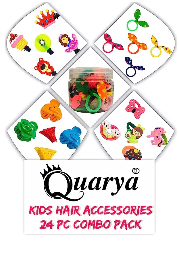 Quarya 24-Piece Girls Hair Accessories Set - Colorful Rubber Bands, Hair Clips, Hair Pins & Hair Ties for Kids, Children & Babies - Perfect for School, Parties & Daily Styling (Multicolor in Jar)