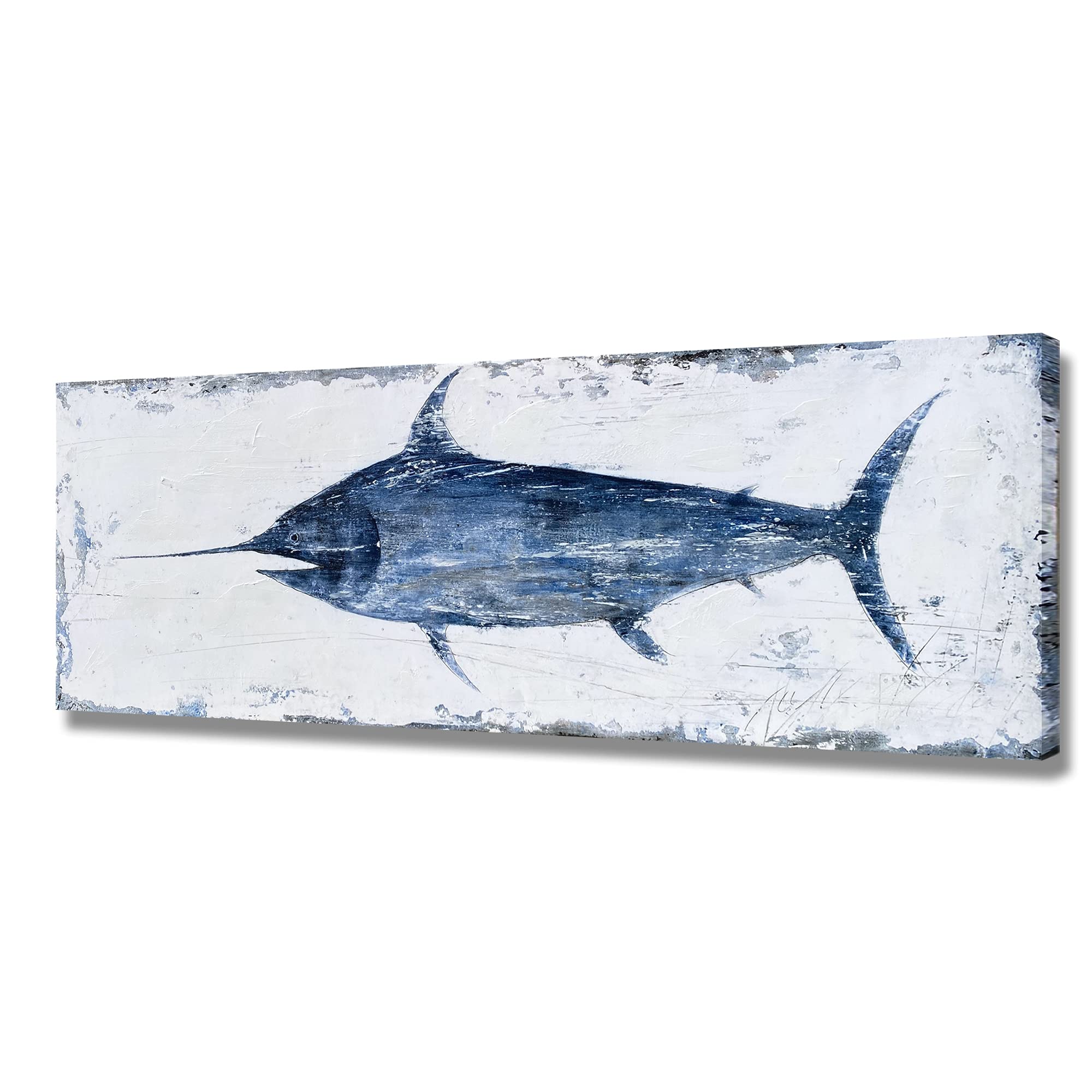 BATRENDY ARTS Large Swordfish Canvas Wall Art - Blue Ocean Fish Painting, Hand Painted Marine Animal Artwork, Framed Modern Beach Decor for Bathroom, Living Room & Office | Coastal Theme Home Decor