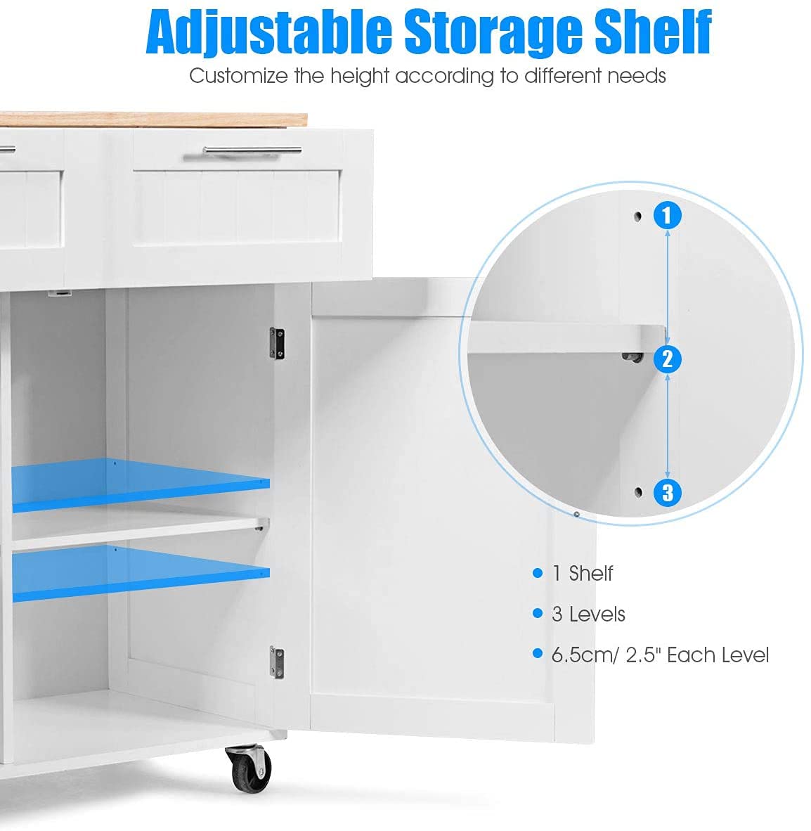 MAT Expert Kitchen Island Cart on Wheels - Rolling Storage Trolley with 2 Drawers, Large Cabinet & Wood Top - White Kitchen Utility Cart for Serving, Prep & Storage - Perfect for Small Kitchens, Dining Rooms & Mobile Cooking Stations