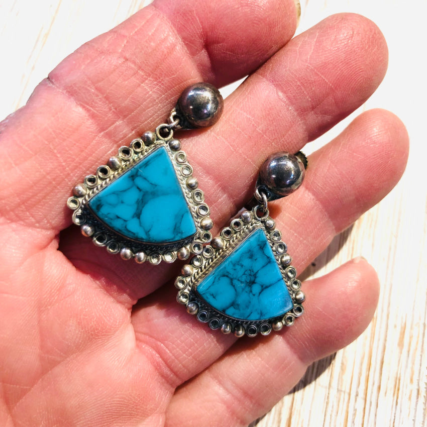 Vintage Mexican Sterling Silver Faux Turquoise Dangle Earrings - Handmade Boho Jewelry for Women, Perfect for Festivals, Parties & Everyday Wear