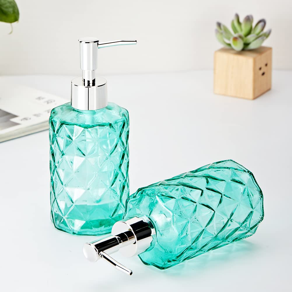 12 Oz Glass Soap Dispenser with Golden Pump - Elegant Diamond Design for Kitchen & Bathroom - Hand Soap, Liquid Soap & Lotion Dispenser - Perfect for Sink Countertop, Vanity & Home Decor (Green)
