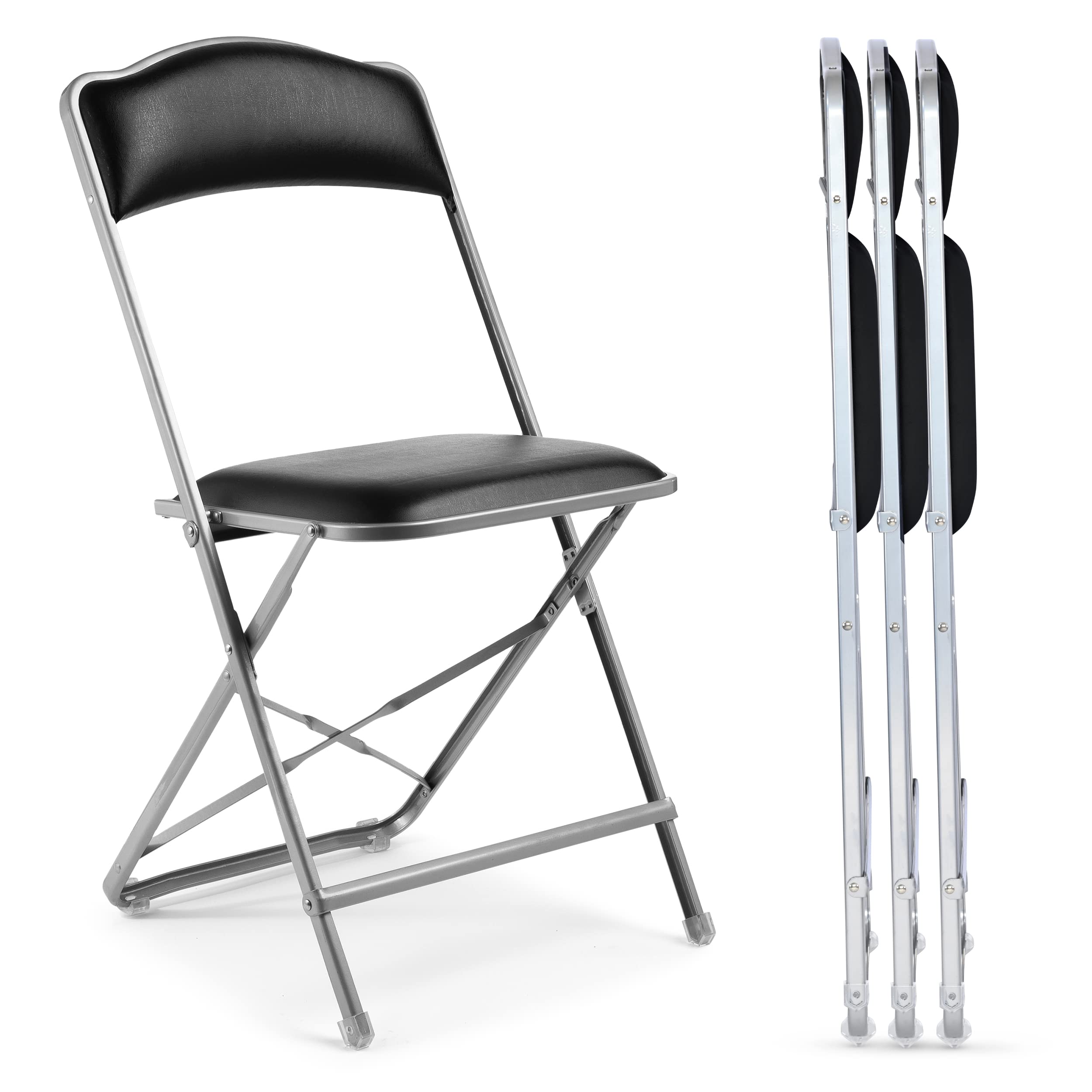 4 Pack Folding Chairs with Padded Seats - Heavy Duty Steel Frame Foldable Chairs for Indoor Outdoor Use - Elegant Party, Wedding, Camping, Picnic, Office & Home Events - Silver/Black