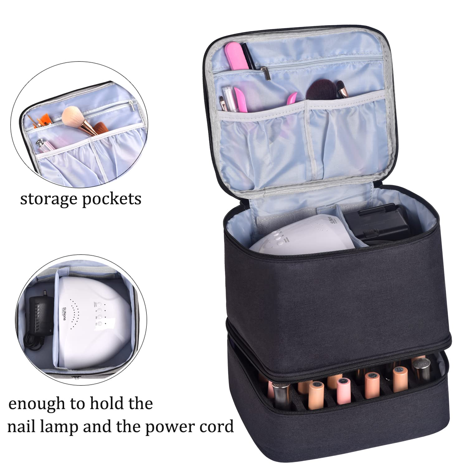 Upgraded Nail Polish Organizer Case - Holds 30 Bottles & 1 Nail Light, Double Layer Portable Nail Polish Storage Bag with Handles (Style B-Black) | Perfect for Salon Professionals, Travel & Home Organization