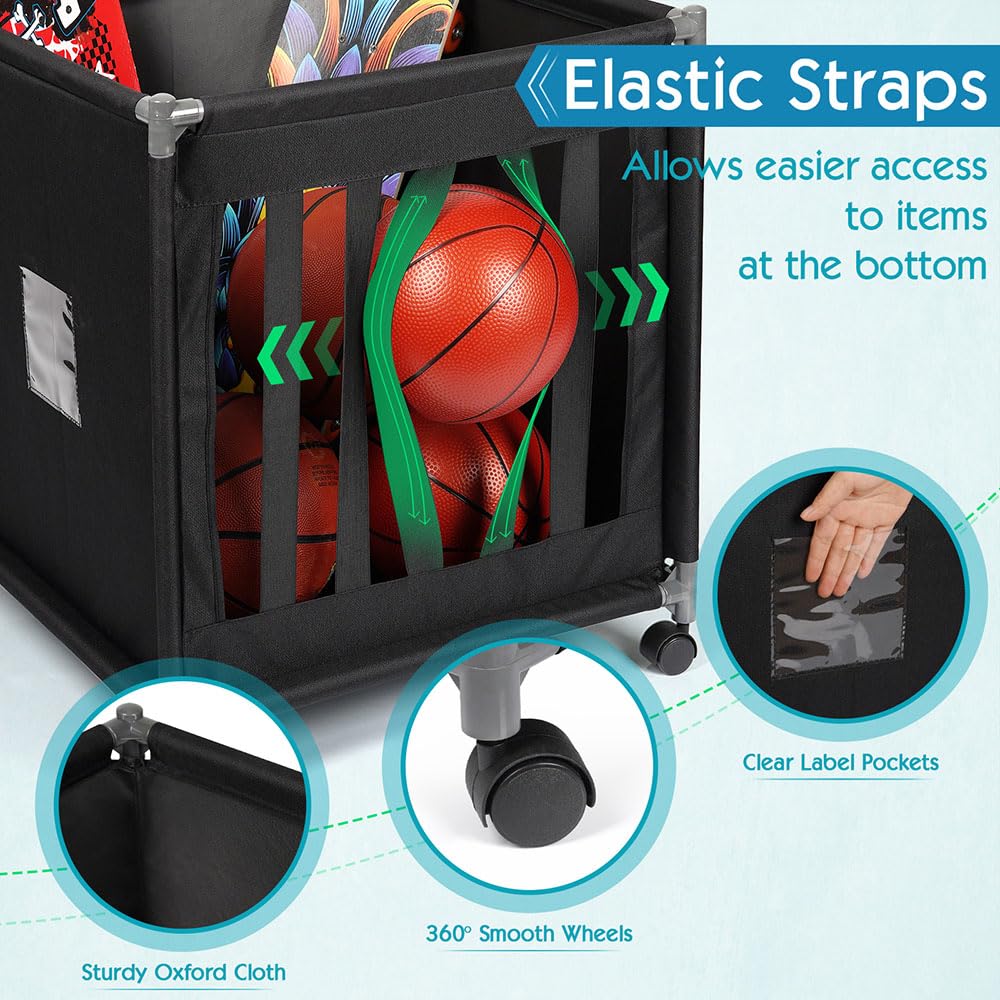 Lockable Rolling Sports Ball Storage Cart with Wheels - Portable Ball Organizer with Elastic Straps for Basketball, Soccer, Volleyball - Perfect for Garage, Gym, and Playroom Organization