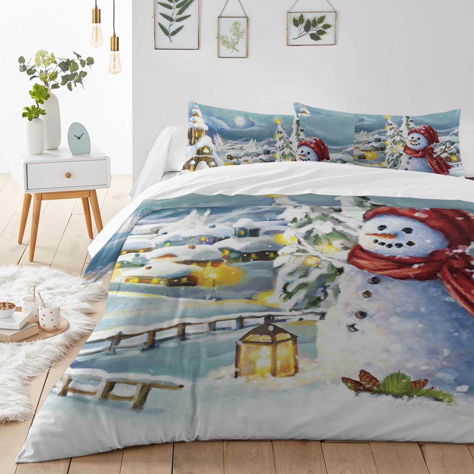 3 Piece Twin Size Christmas Village Snowman Duvet Cover Set with 2 Pillow Shams - Lightweight Soft Comforter Cover - Snowman in Snowland Design - Perfect for Holiday Bedroom Decor & Winter Themed Guest Room