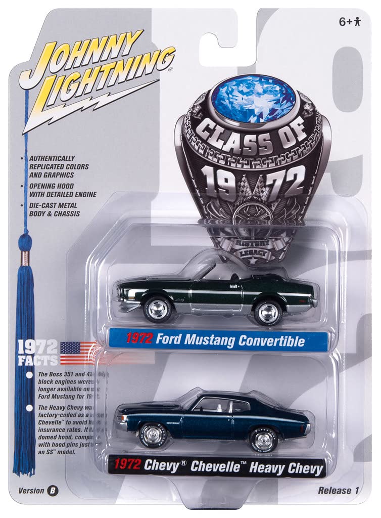 Johnny Lightning 1:64 Scale 1972 Ford Mustang & Chevelle Diecast Car Set - Series B | Collectible Vintage Muscle Cars for Display & Racing Scenes
