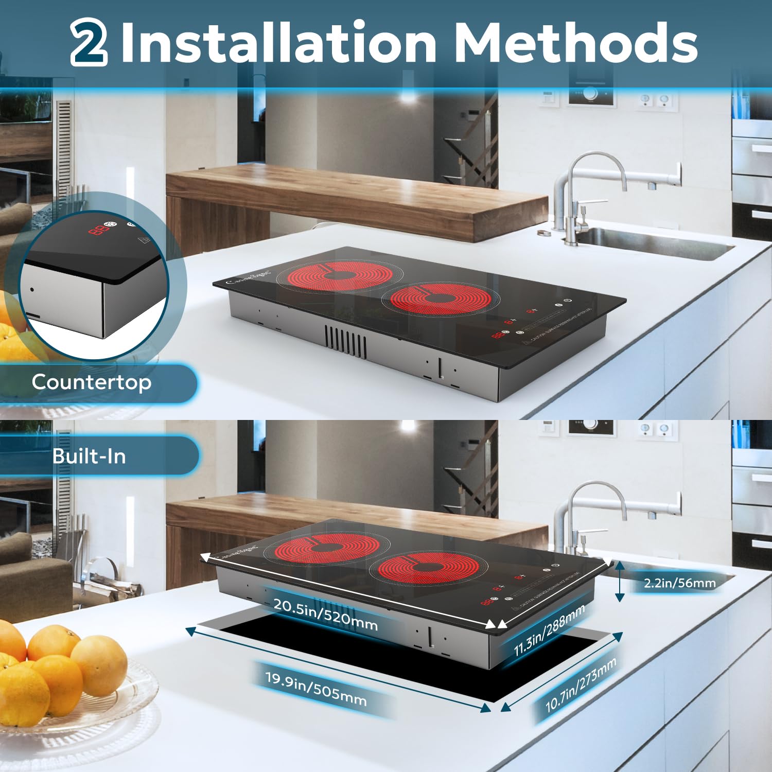2 Burner Electric Cooktop - 12 Inch Portable Induction Stove with 9 Power Levels, Touch Control, Timer & Child Lock | Countertop & Built-In Kitchen Solution | Perfect for Small Apartments, RVs & Outdoor Cooking (110-120V)
