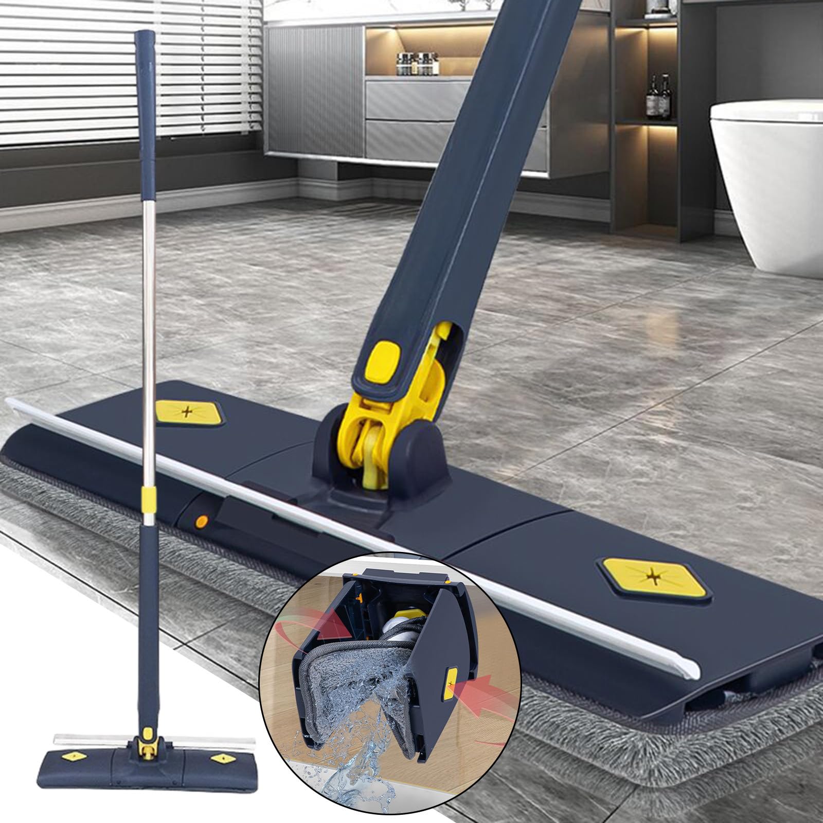 Qiopertar Hands-Free Self-Wringing Microfiber Floor Mop - 360° Rotating Cleaning Head for Easy Home Cleaning - Perfect for Kitchen, Bathroom, Hardwood & Tile Floors (Ideal for Quick Spills & Daily Floor Maintenance)