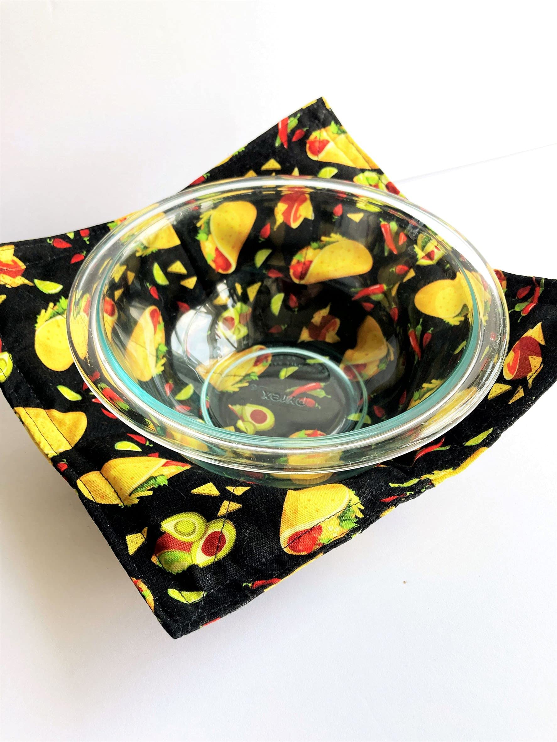 Set of 2 Cotton Bowl Cozies - Microwave & Oven Safe Hot Pads for 8 Inch Bowls - Black with Yellow & Red Taco Print - Perfect for Serving Hot Soups, Stews & Mexican Dishes