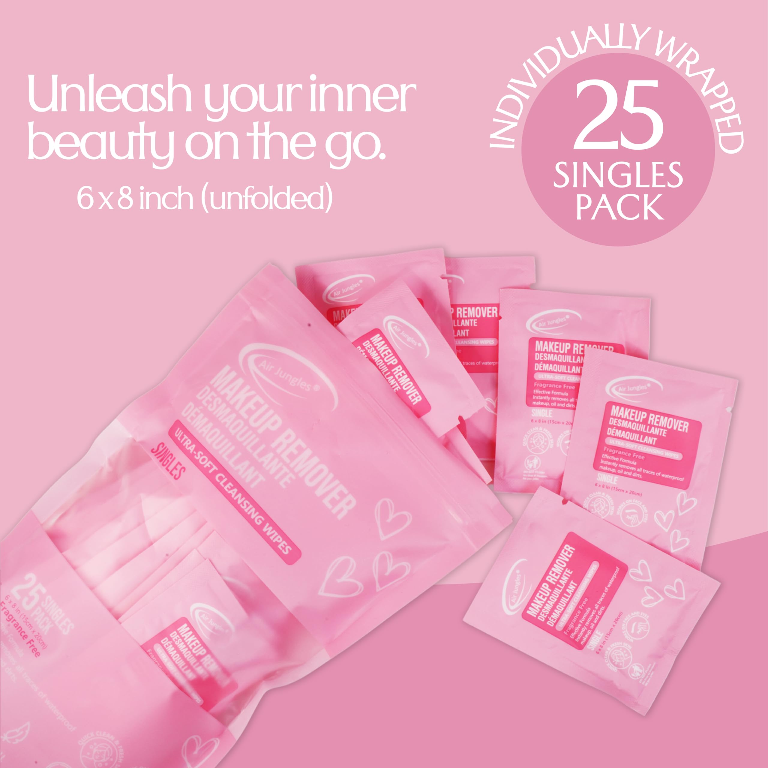 Air Jungles Fragrance-Free Makeup Remover Wipes - 25 Extra Large Singles (6