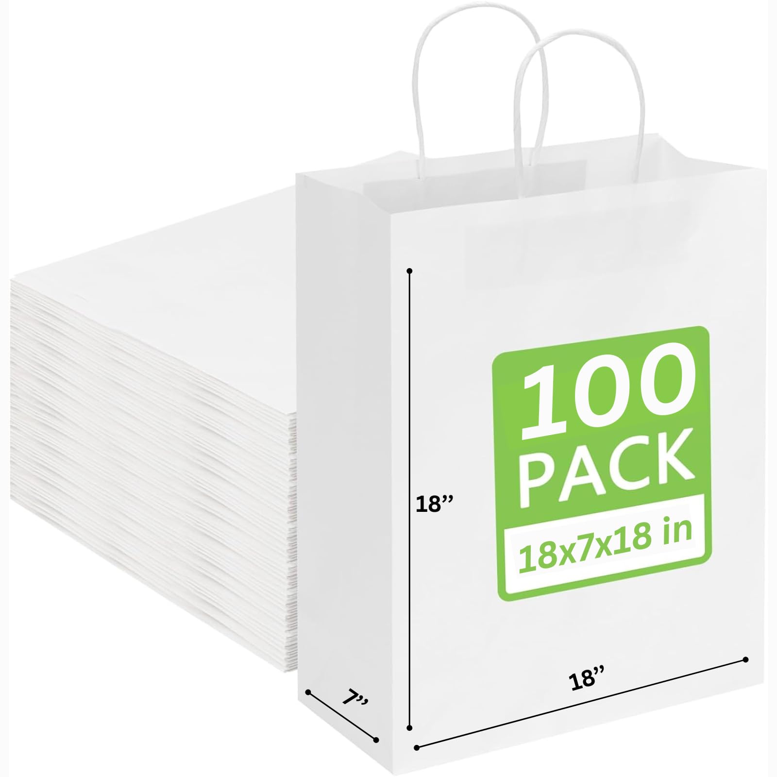 JET PAPER BAGS - 18x7x18 Inch Large White Kraft Paper Bags with Handles (100 Pack) - Eco-Friendly Recyclable Gift Bags for Takeout, Grocery, Retail, Parties, Weddings & Gifts | Perfect for Shopping, Gift Wrapping & Event Favors