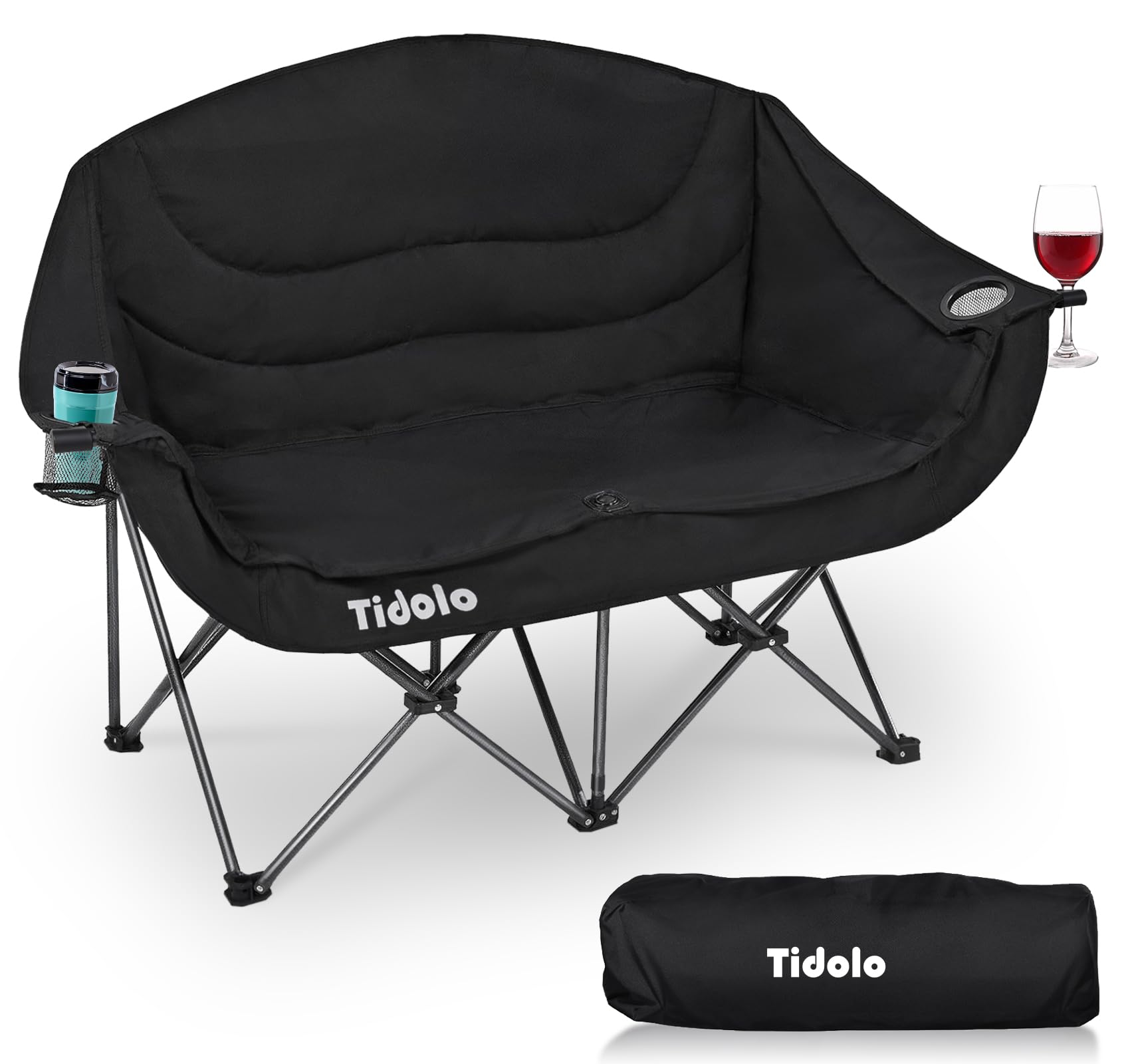 **2-Person Oversized Padded Folding Camping Chair for Adults – Heavy Duty 600LB Capacity, Double Loveseat with Cup & Wine Glass Holders – Perfect for Outdoor Camping, Picnics, Beach & Backyard Relaxation**