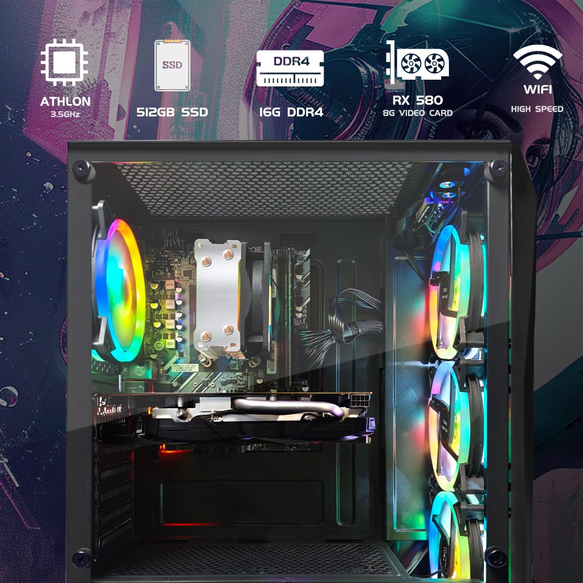STGsivir Gaming PC Desktop - AMD Ryzen 3000G 3.5GHz, RX 580 8GB GPU, 16GB DDR4 RAM, 512GB SSD, WiFi 600Mbps, BT 5.0, RGB Gaming Case, Windows 11 - Perfect for Esports, Streaming & VR Gaming