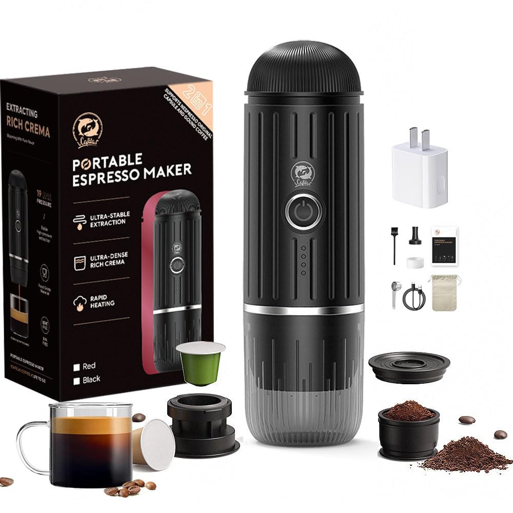 Portable Coffee Maker Travel Espresso Machine - 120W 19 Bar Pressure with 7500mAh Rechargeable Battery - Compact Red Espresso Maker for Camping, Hiking, Road Trips, Office & Home Use - Perfect for Travelers & Coffee Lovers On The Go