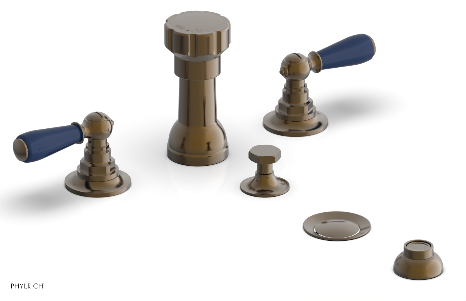 Jamestown Four-Hole Bidet Faucet Set with Lever Handles & Navy Blue Accents - Model 165 61 - Perfect for Modern Bathroom Renovations and Water Conservation