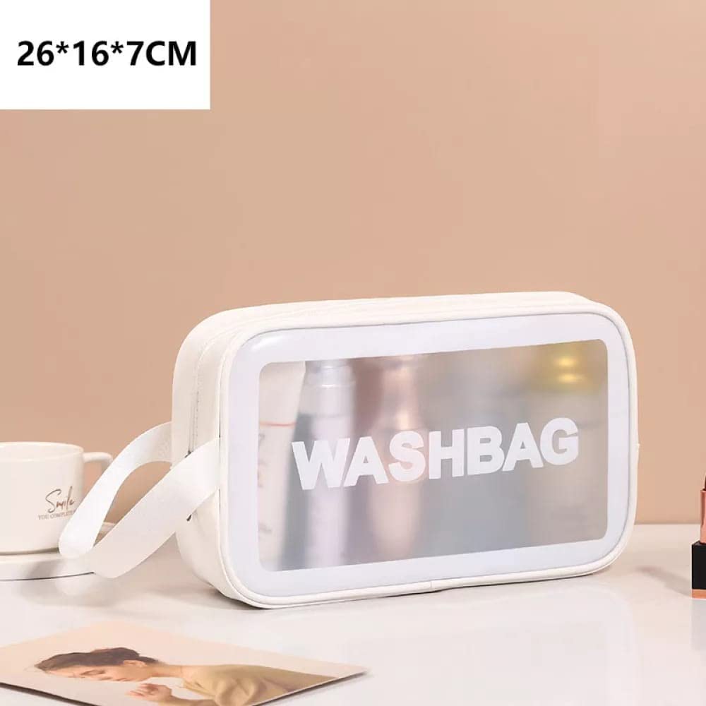 Waterproof PVC Travel Toiletries Bag - Clear Cosmetic Makeup Organizer Pouch for Women | Portable Shower Wash Bag for Bathroom, Gym & Vacation (White)
