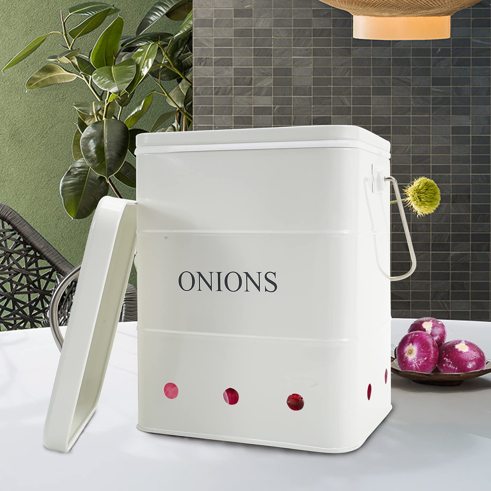 Airtight Onion Storage Bin with Lid & Handles - Kitchen Pantry Organizer for Vegetables - White Tin Canister with Aerating Holes | Perfect for Fresh Produce Storage in Pantry, Kitchen & Countertop Organization
