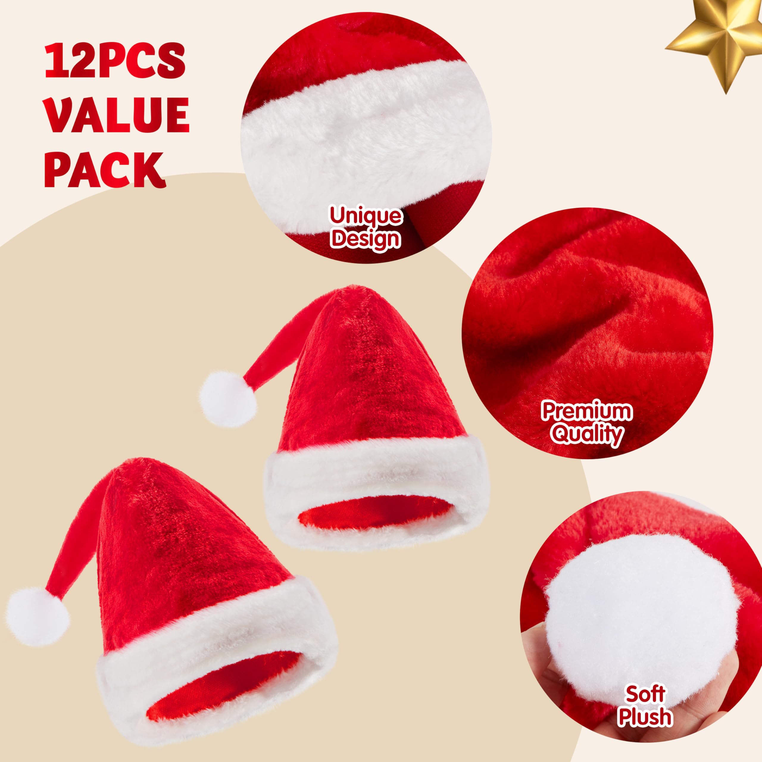 JOYIN 12 Pack Christmas Santa Hats - Plush Red Velvet Santa Claus Hats with White Fur Trim (12.5 x 20 Inches) for Holiday Parties, Christmas Decorations & Festive Gift Giving