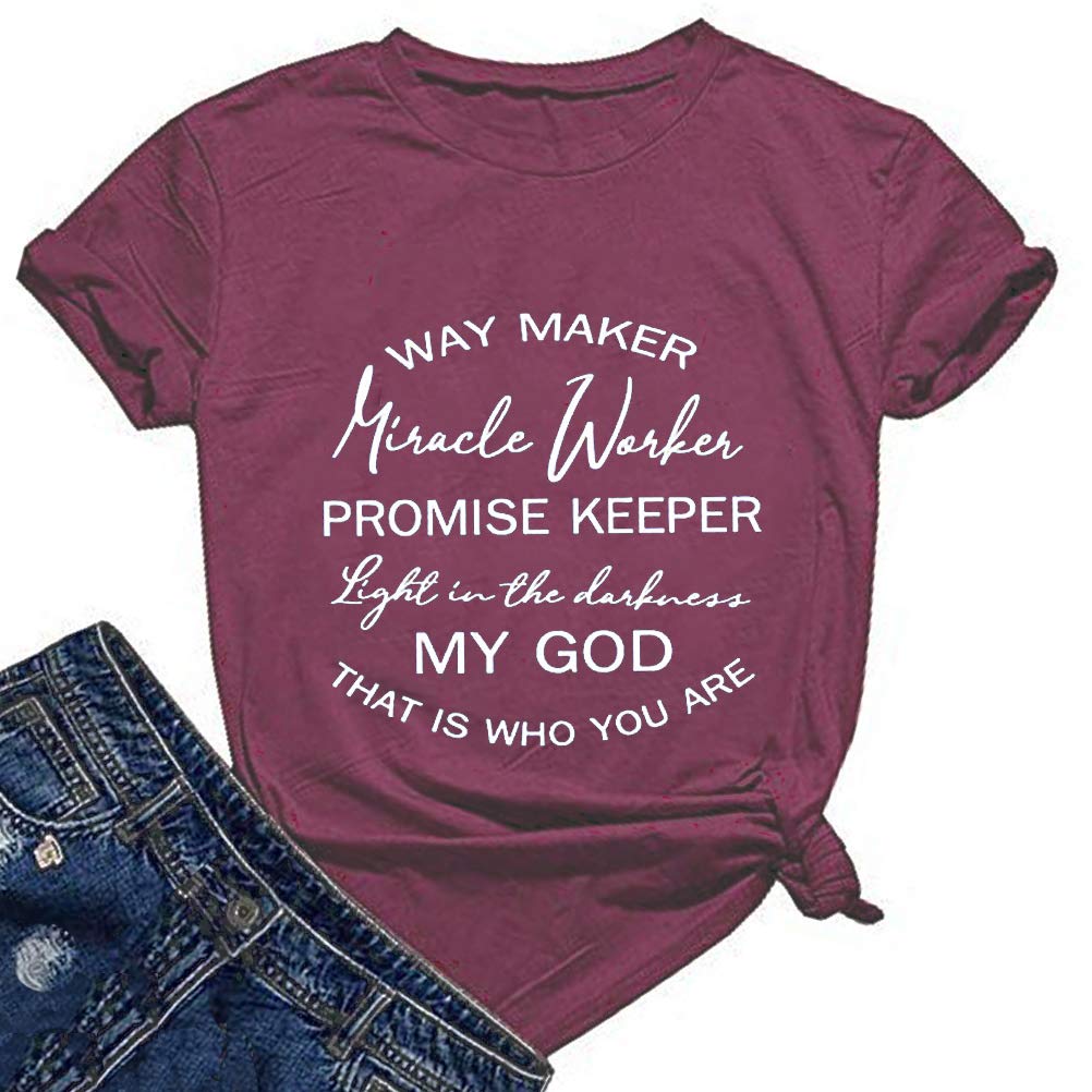 FZLYE Women's Inspirational Christian Graphic T-Shirt - Way Maker Miracle Worker Promise Keeper Light in The Darkness Faith Apparel | Casual Wear, Church Outfits & Everyday Christian Fashion