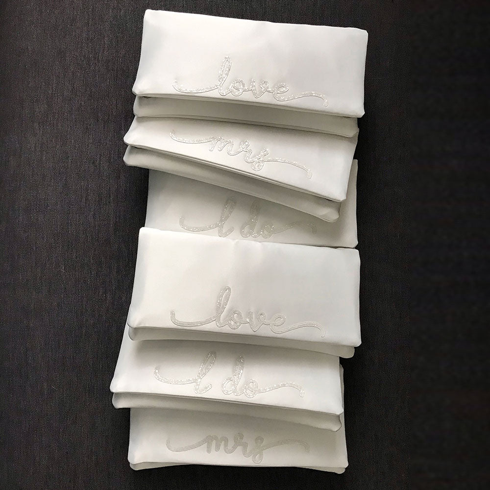 Mrs Glittered Letters Ivory Satin Clutch Bag for Women - Elegant Wedding, Bridal Shower & Evening Party Accessory