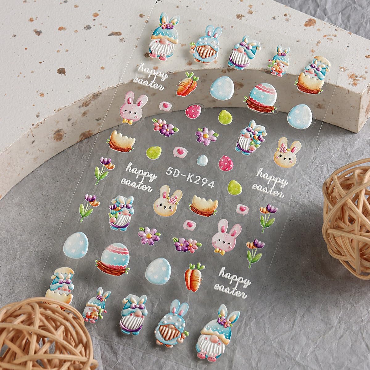 5D Easter Nail Art Stickers - Embossed Bunny & Egg Nail Decals - Self-Adhesive Spring Flower Nail Designs - Cartoon Rabbit & Carrot Nail Stickers Set for Easter DIY Manicure, Party Nail Art, Spring Festival Decorations