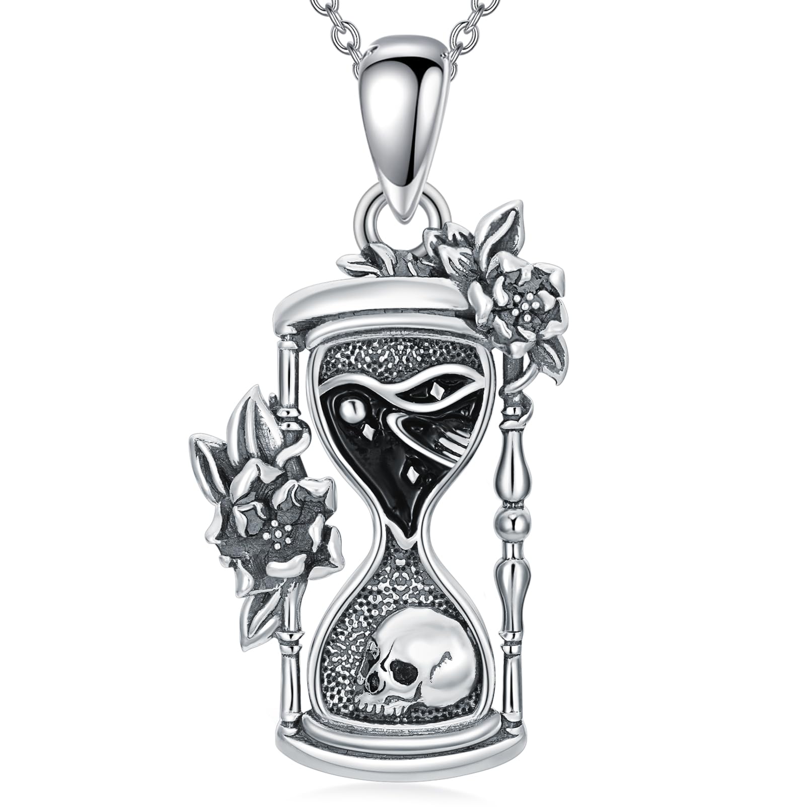 Sterling Silver Memento Mori Necklace with Skull & Hourglass Pendant - Gothic Jewelry for Women, Men | Perfect for Halloween, Dark Aesthetic Fashion & Everyday Wear