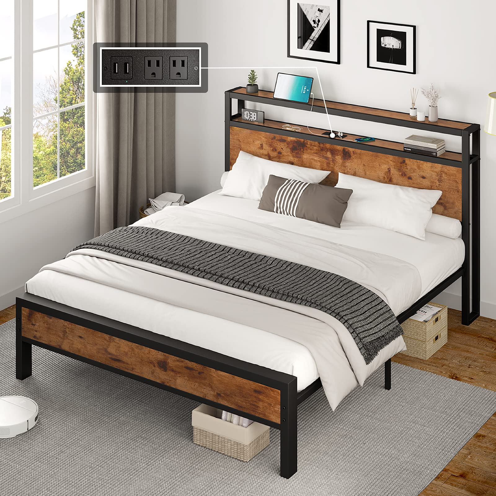 AMERLIFE Queen Size Bed Frame - Industrial Platform Bed with Charging Station & 2-Tier Storage Headboard, No Box Spring Needed, Noise-Free, Dark Brown - Perfect for Modern Bedrooms, Small Spaces & Apartment Living