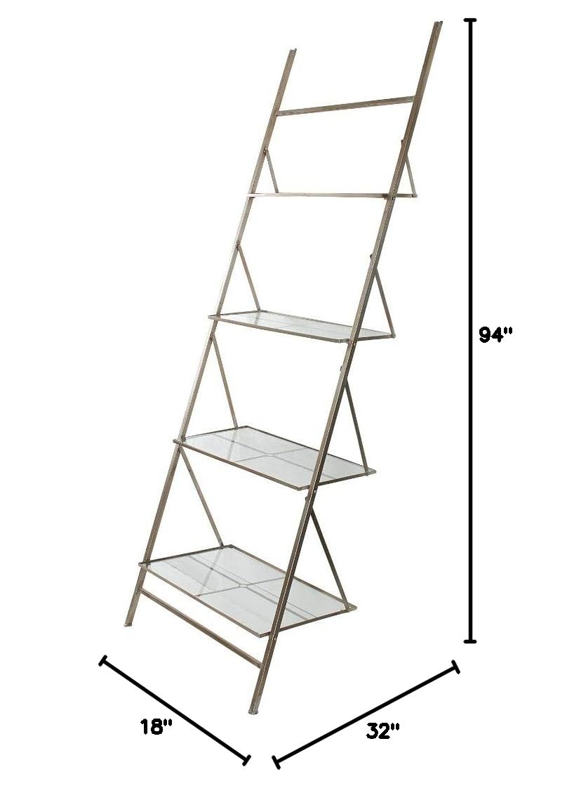 Benjara Silver Ladder Storage Shelf with Tempered Glass Shelves - Modern Industrial Bookcase for Living Room, Bedroom, or Office Organization