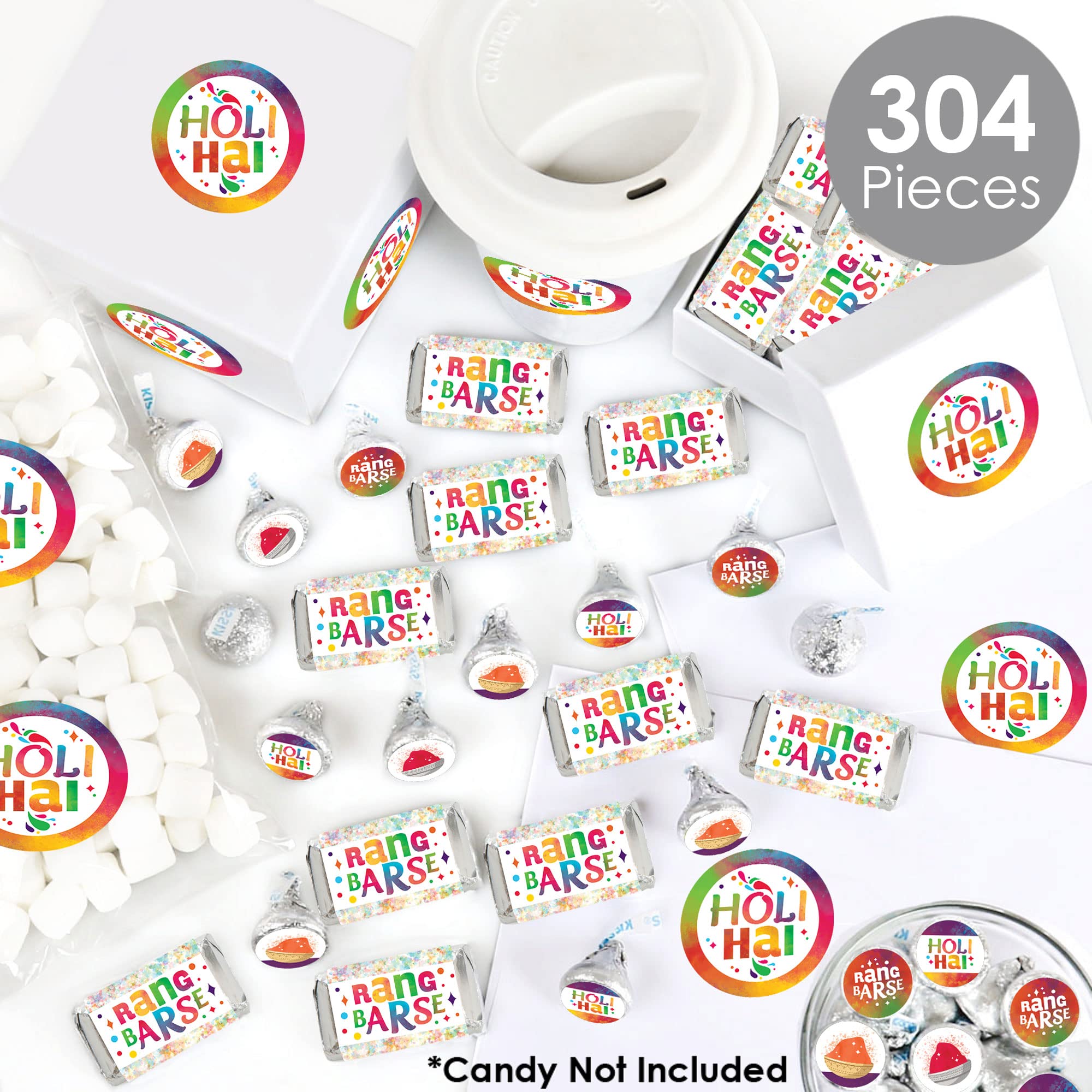 Big Dot of Happiness Holi Hai - 304-Piece Mini Candy Bar Wrappers, Round Stickers & Circle Stickers Kit for Festival of Colors Party Favors - Perfect for Indian Holi Celebrations, Birthday Parties & Cultural Events