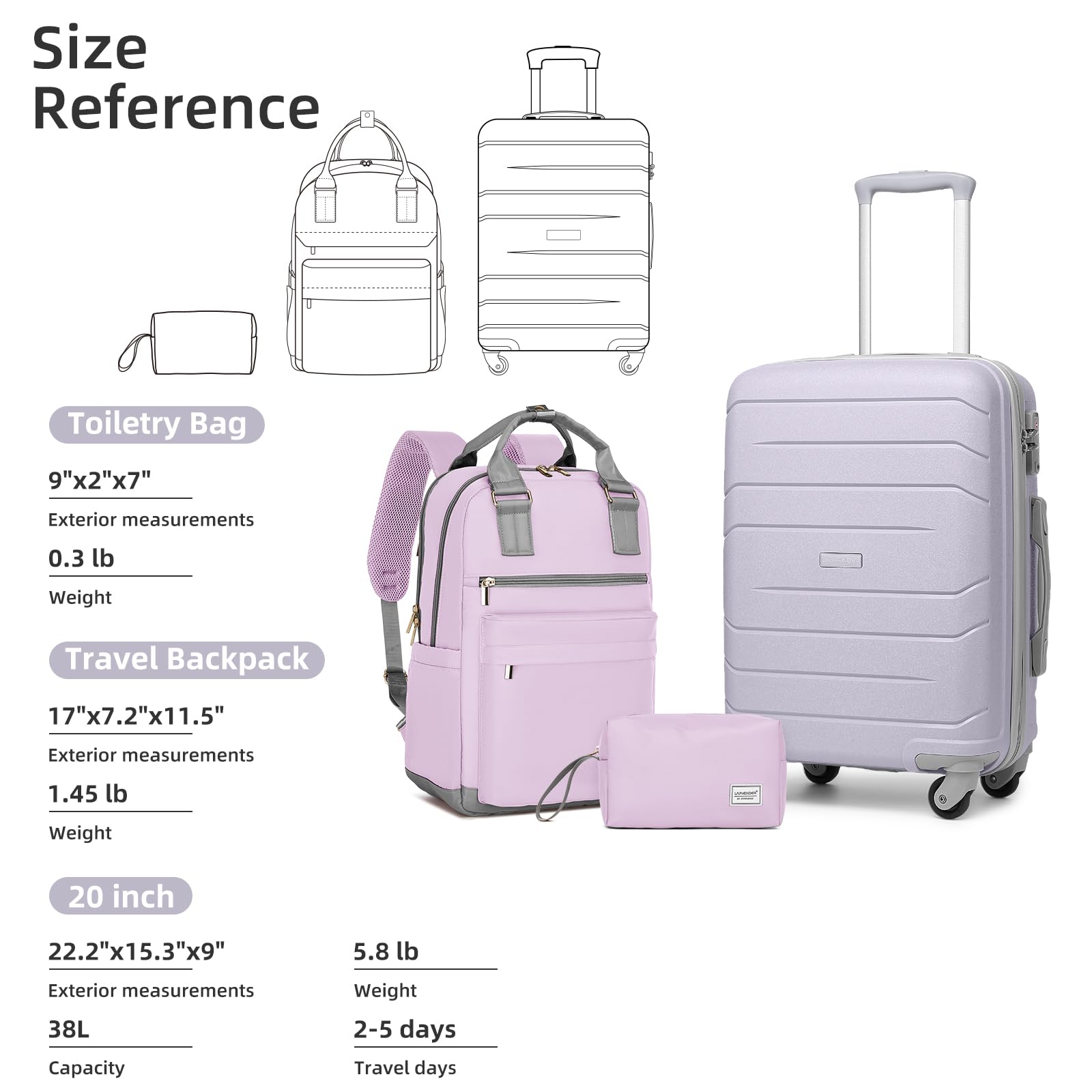 **Lavender 20-Inch Hard Shell Carry-On Luggage for Women – 3-Piece Set with Spinner Wheels & TSA Lock, Airline Approved (22x14x9 Inches) – Perfect for Business Trips, Weekend Getaways & Air Travel**