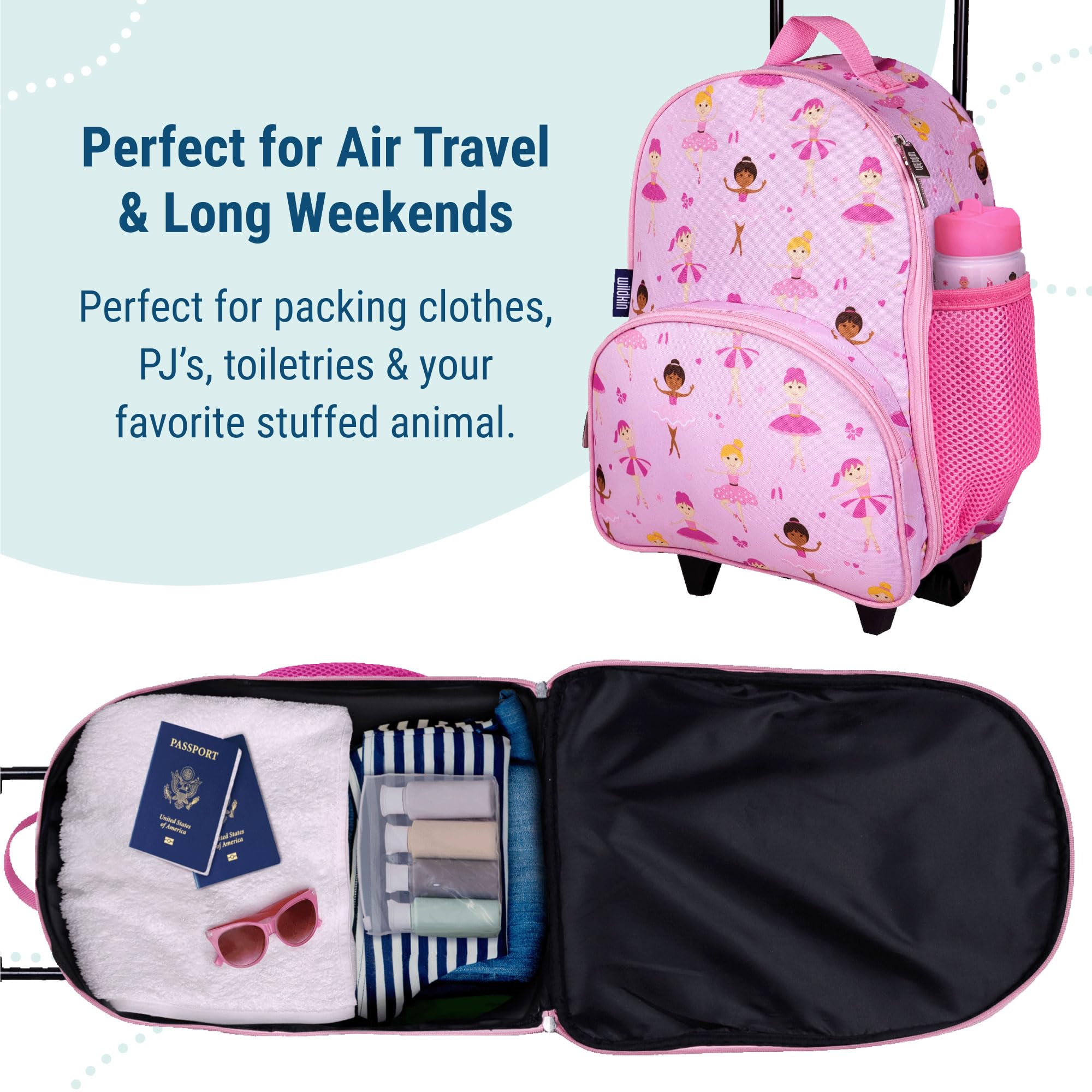 Wildkin Kids Rolling Luggage for Boys & Girls - 16 x 12 x 6 Inch Carry-On Suitcase for School, Sleepovers & Travel (Ballerina Design) - Perfect for Airplane Trips, Weekend Getaways & Summer Camp Adventures