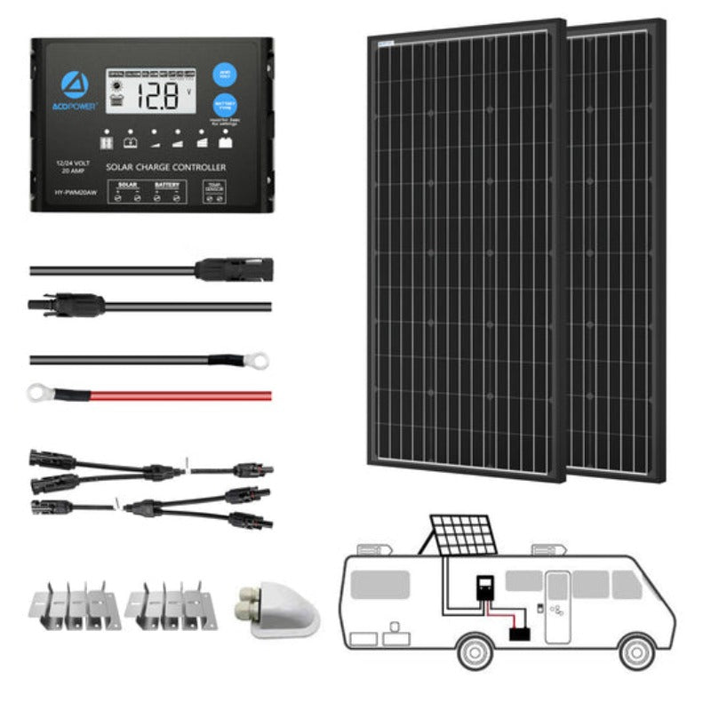 Acopower 100W Monocrystalline Solar Panel Kit - All Black 200W 20A PWM Charge Controller for Off-Grid Power, RV, Boat & Home Backup | Portable Solar Energy System