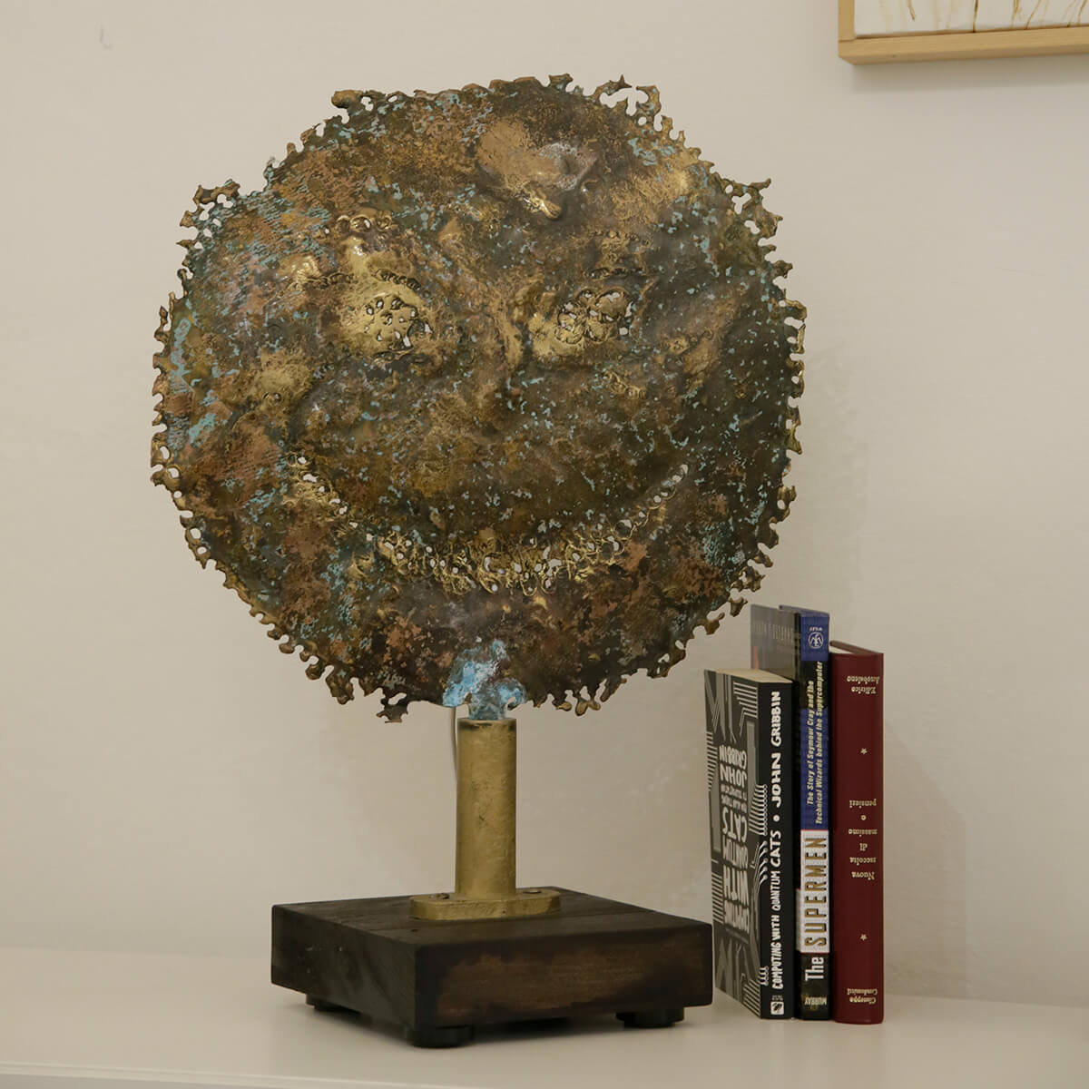 Trippy Tortured Brass Emoticon on Wooden Base - Unique Home Decor & Conversation Piece for Living Room, Office, or Gift Giving