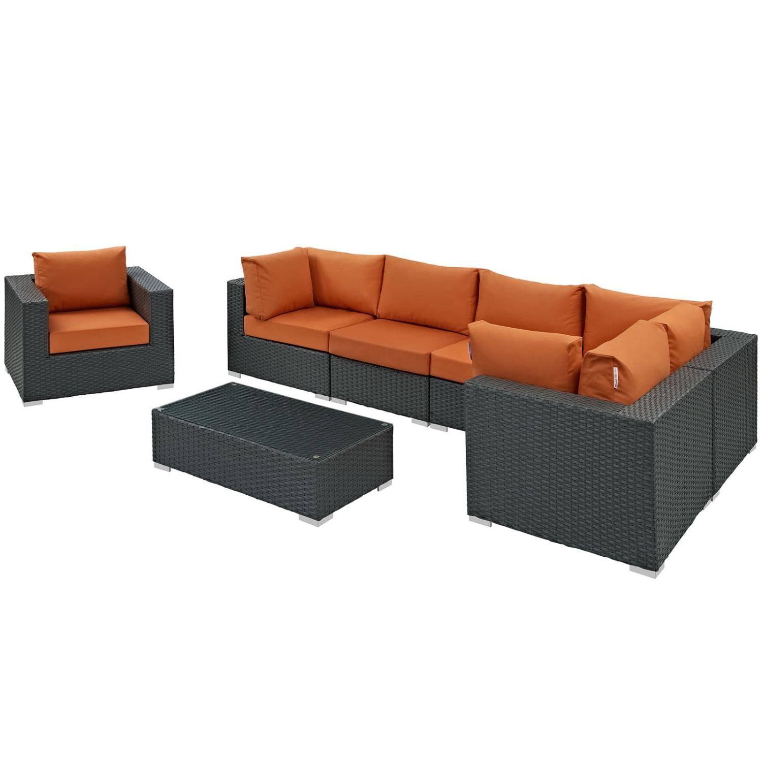 Modway Sojourn 7-Piece Outdoor Patio Sectional Set - Wicker Rattan Furniture with Sunbrella Canvas Cushions in Tuscan Beige - Perfect for Backyard, Garden, and Poolside Relaxation