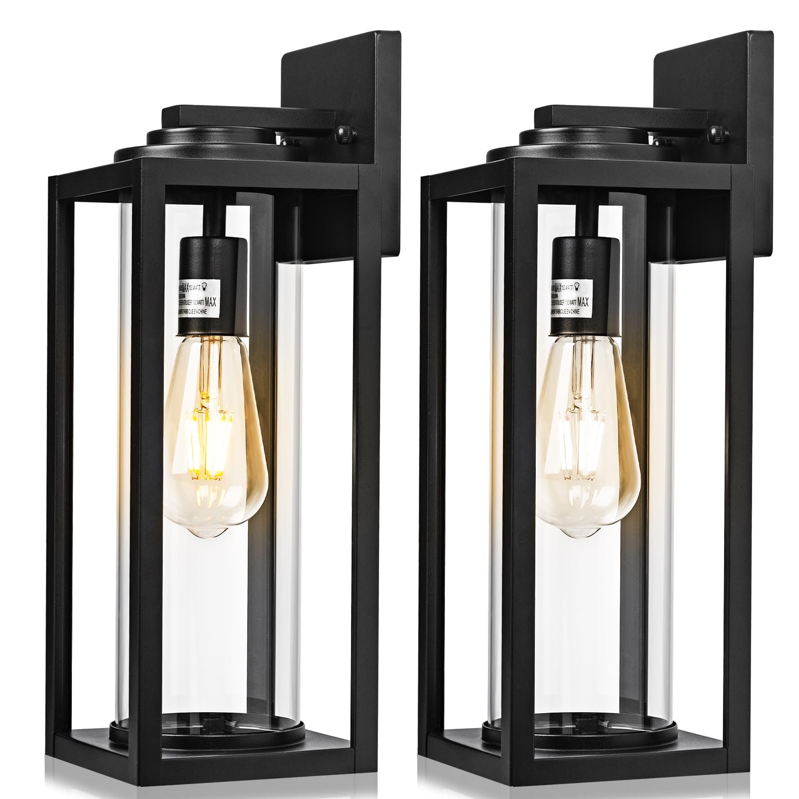 16 Inch Large Outdoor Wall Lights - 2 Pack Modern Black Exterior Light Fixtures with Clear Glass Shade, Waterproof Porch Lighting for House, Farmhouse, Garage & Front Door - Perfect for Patio, Garden & Entryway Lighting