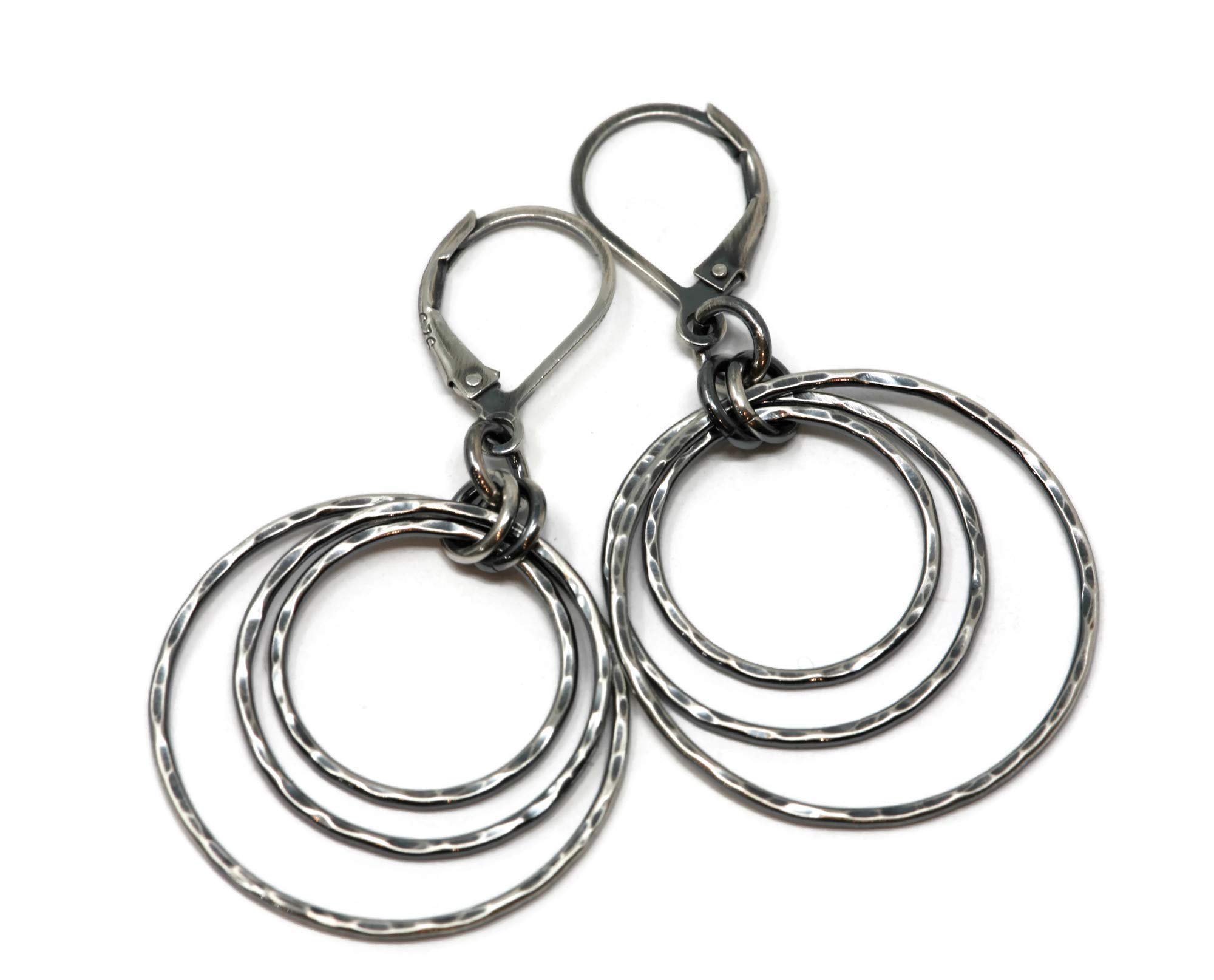 Sterling Silver Three Hoop Earrings 1 Inch Diameter - Hammer Textured Gunmetal Finish Leverback for Women | Boho Chic Jewelry for Everyday Wear, Date Night & Special Occasions