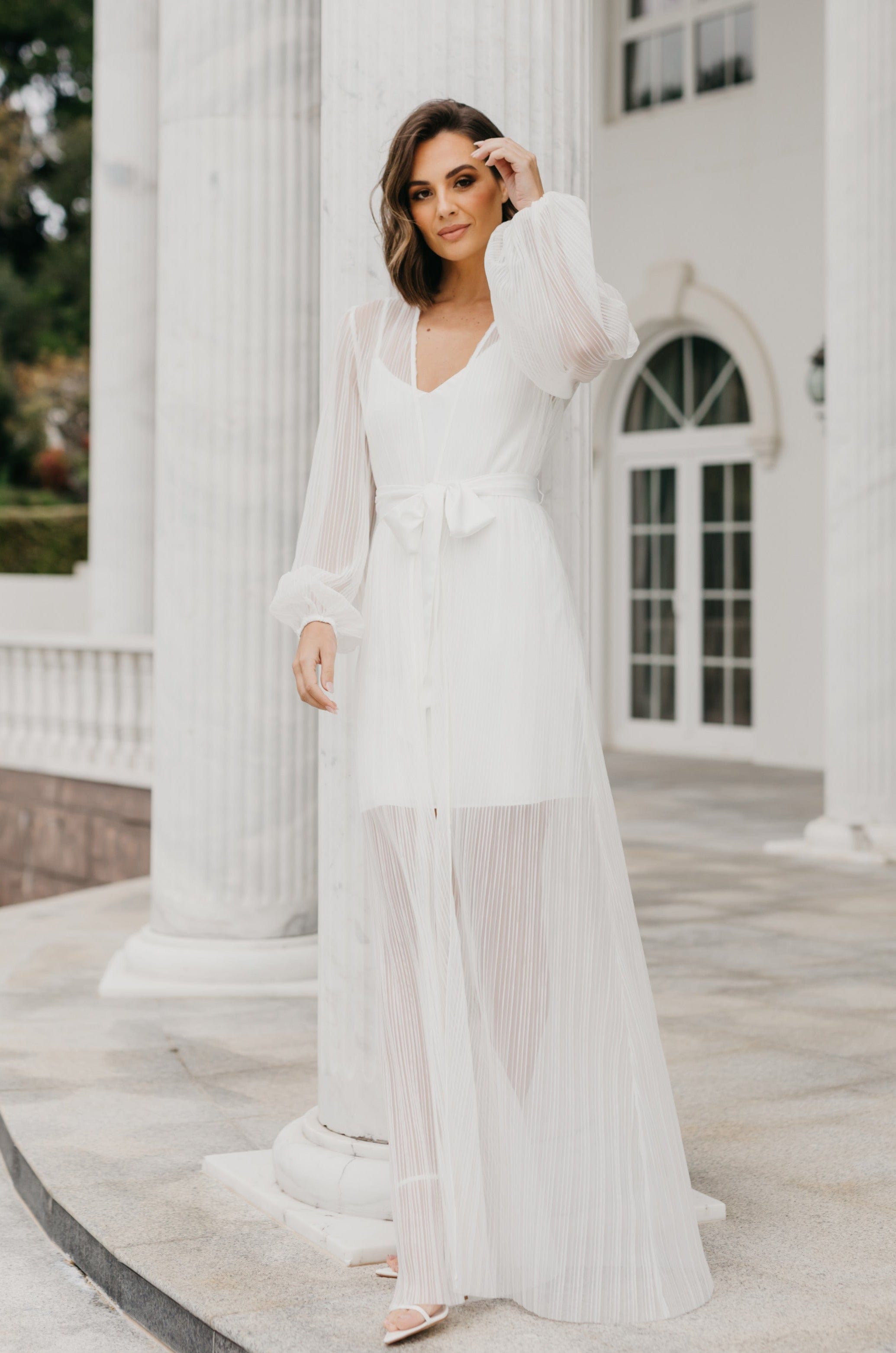 Georgia Pleated Maxi Bridal Robe with Slip - Elegant Wedding Gown for Bridal Shower, Getting Ready, and Pre-Wedding Photos