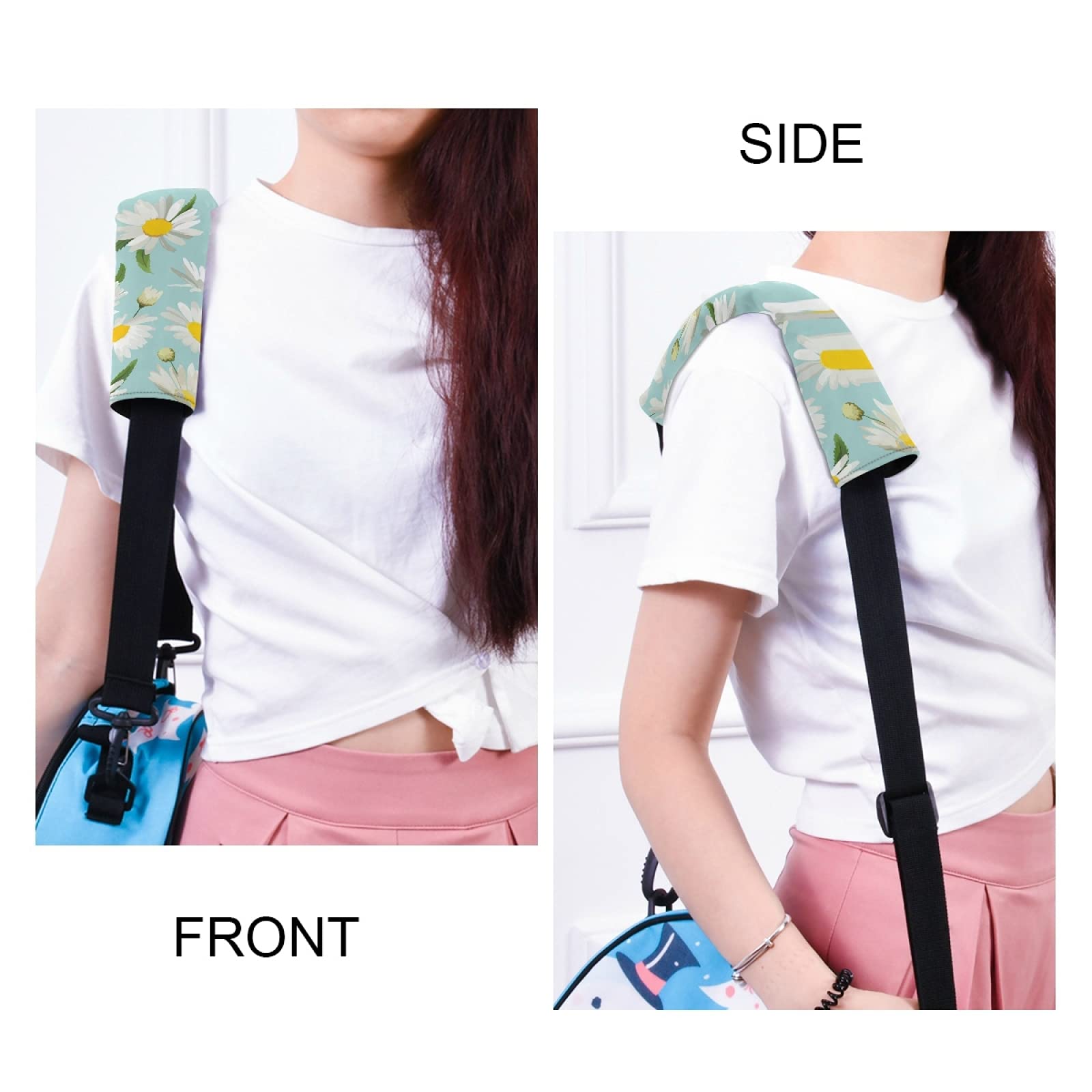 White Daisy Flowers with Green Leaves Seamless Turquoise Adjustable Car Seat Belt Pad Cover - Universal Shoulder Strap Cushion for Adults & Kids - Comfortable Driving Accessory for Long Trips & Daily Commutes
