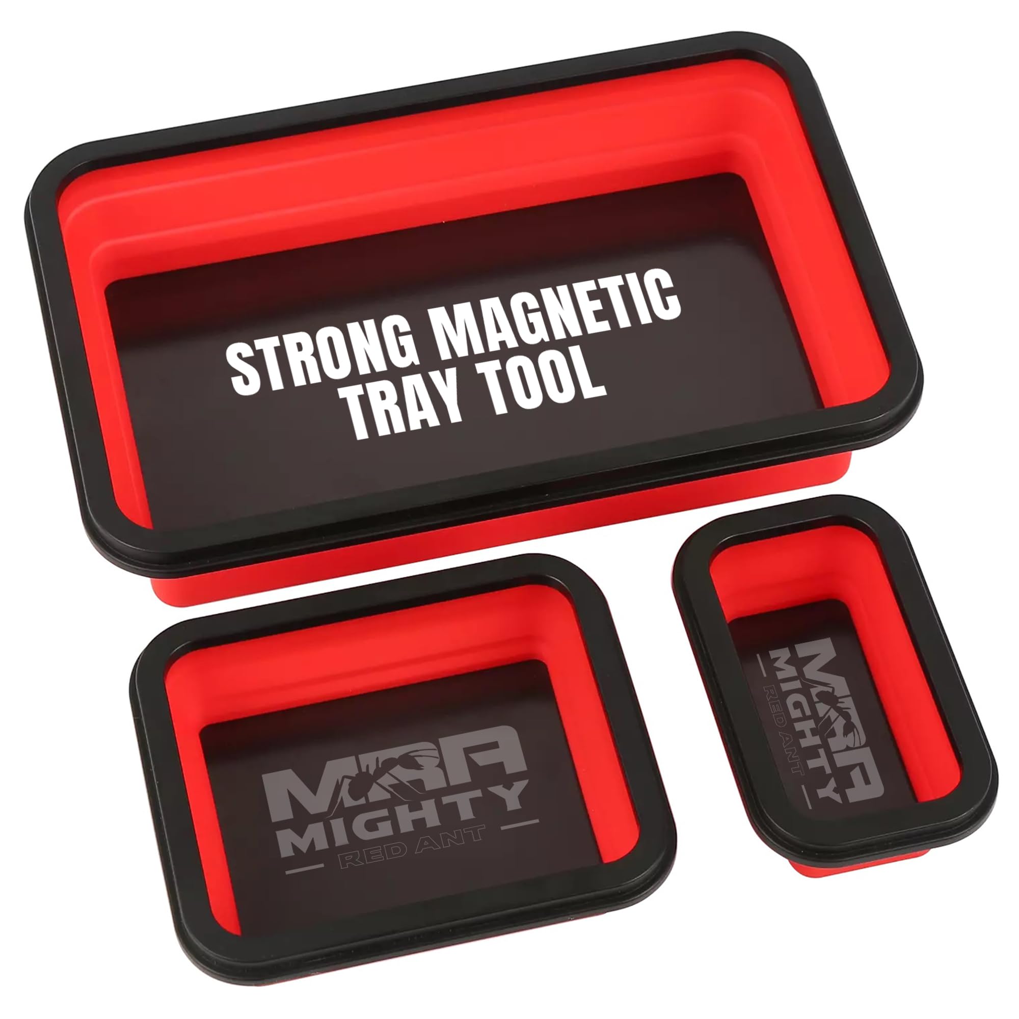 3-Piece Collapsible Magnetic Tool Tray Set - Foldable Silicone Organizer for Screws, Nuts, Bolts & Small Metal Parts with Strong Magnetic Base (Red) | Perfect for Mechanics, DIY Projects & Workshop Organization