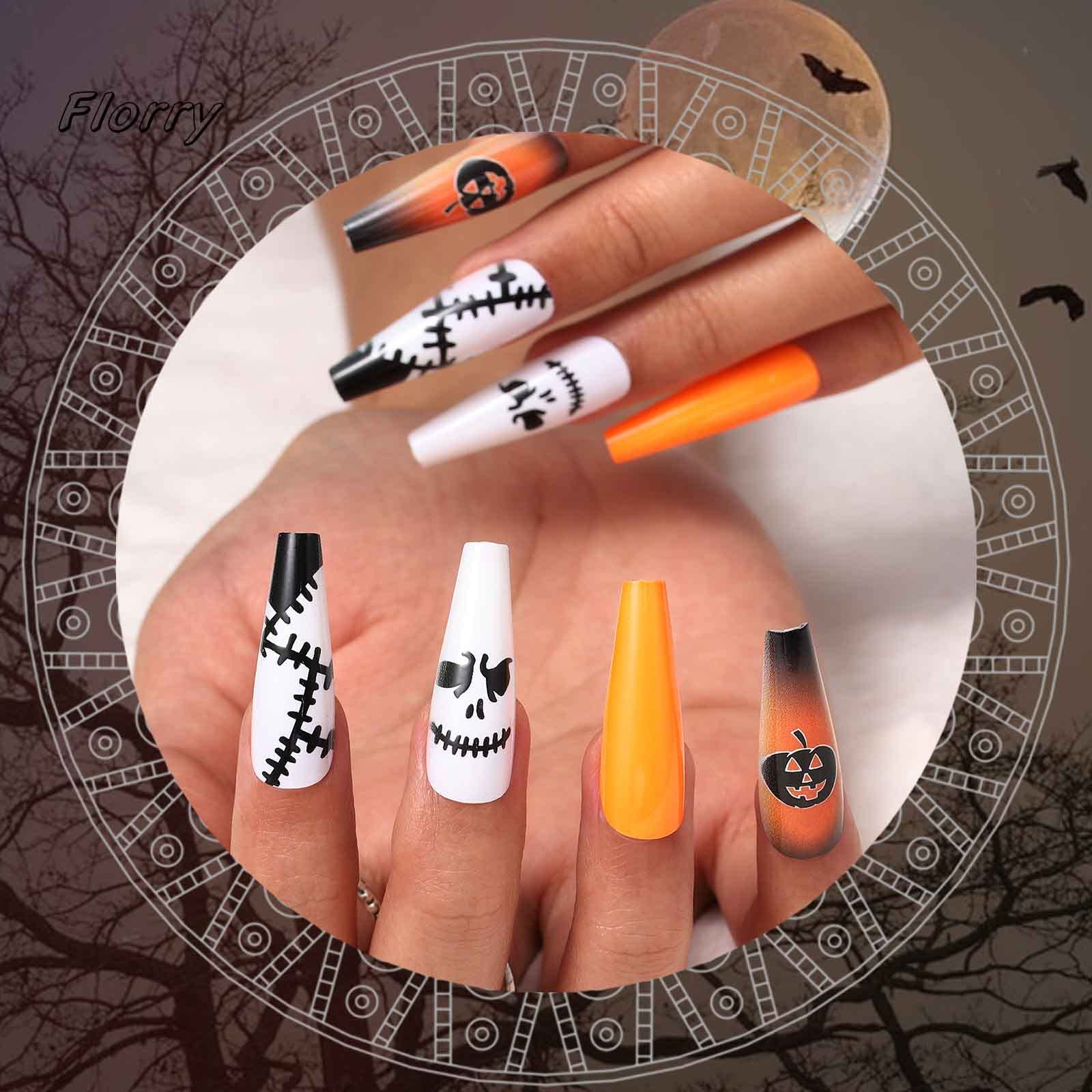 Florry Halloween Extra Long Press on Nails - Black Matte Coffin Fake Nails for Women & Girls (30Pcs, Pumpkin Design) | Perfect for Halloween Parties, Cosplay & Spooky Nail Art