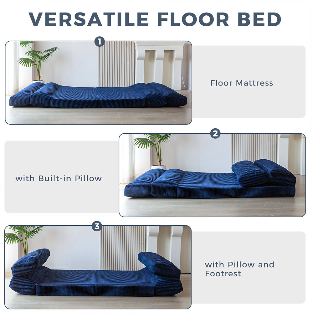 MAXYOYO Folding Sofa Bed - Extra Wide Corduroy Floor Mattress in Navy Blue | Convertible Sleeper for Small Spaces, Guest Room & Dorm | Comfortable Lounge Sofa for Living Room, Bedroom & Apartment