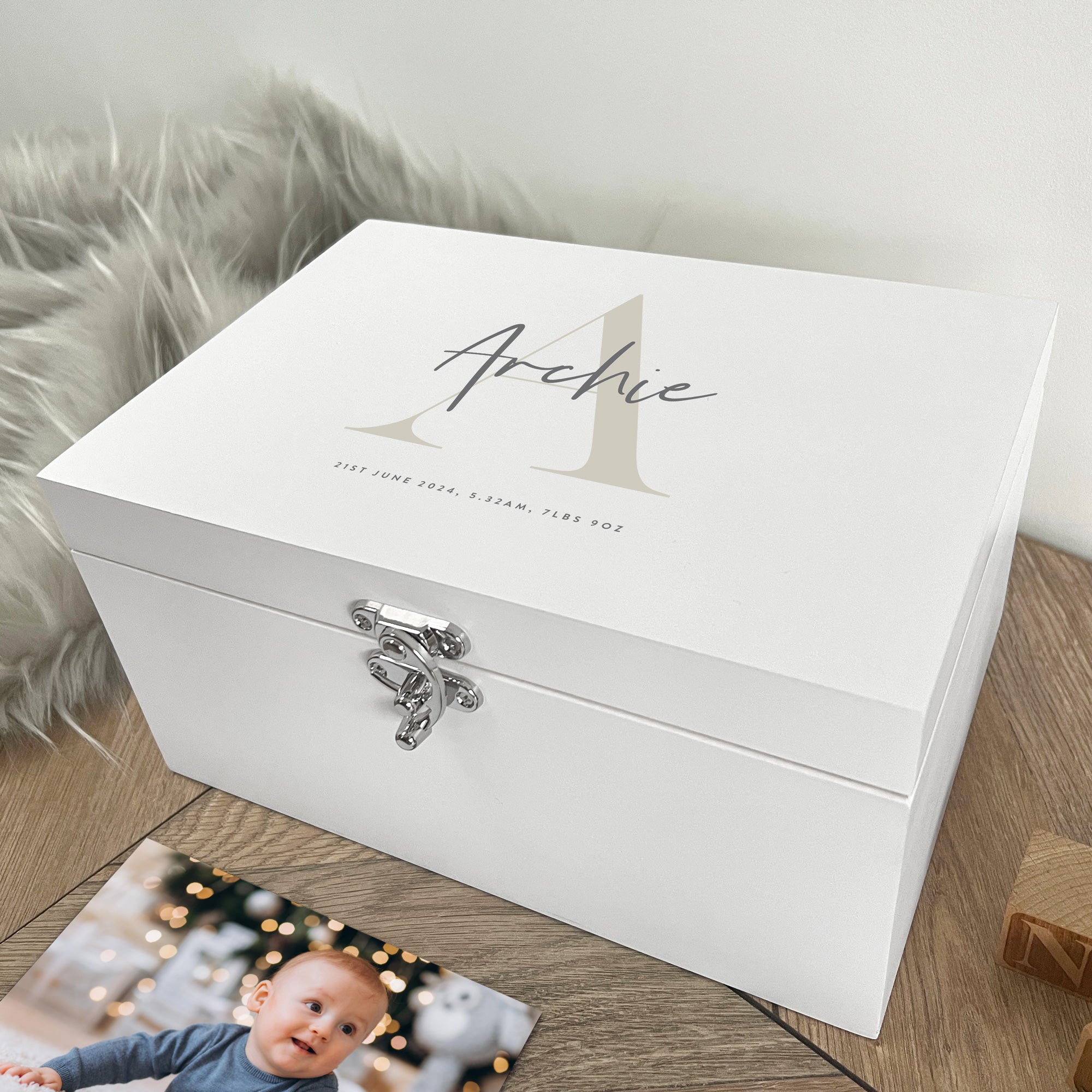 Personalized Baby Keepsake Memory Box - Custom Name & Initial Engraved White Wooden Gift Box for Newborns, 3 Sizes (22cm, 27cm, 30cm) - Perfect for Christening Gifts, Baby Showers & First Birthday Presents