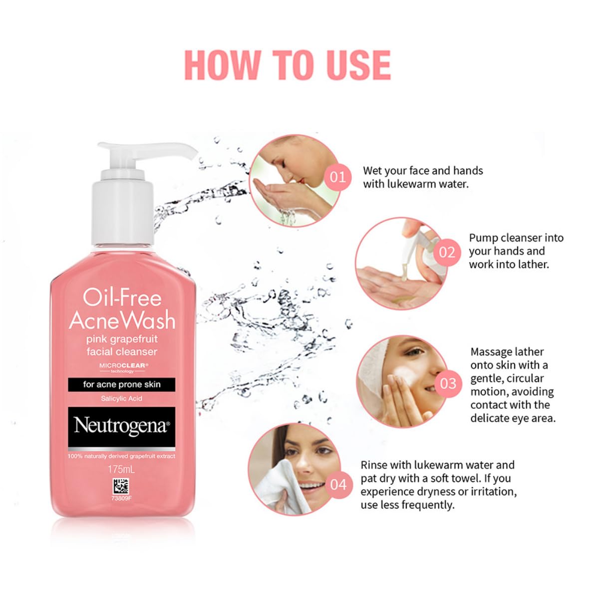 Neutrogena Oil-Free Acne Wash Pink Grapefruit - Deep Cleansing Salicylic Acid Face Wash for Oily & Acne-Prone Skin | Alcohol-Free, Non-Comedogenic, Dermatologist Tested | 175ml | Perfect for Daily Skincare & Breakout Prevention