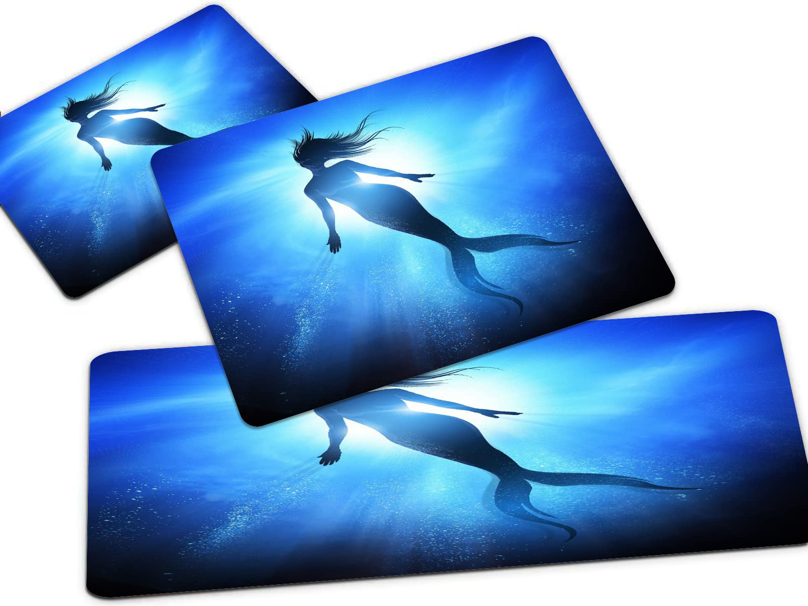 Non-Slip Kitchen & Bathroom Rug Set of 3 - Mermaid Silhouette Deep Blue Sea Floor Mats, Washable Standing Mats for Home Decor, Doormat & Comfort Carpet - Perfect for Kitchen, Bathroom, Entryway & Laundry Room