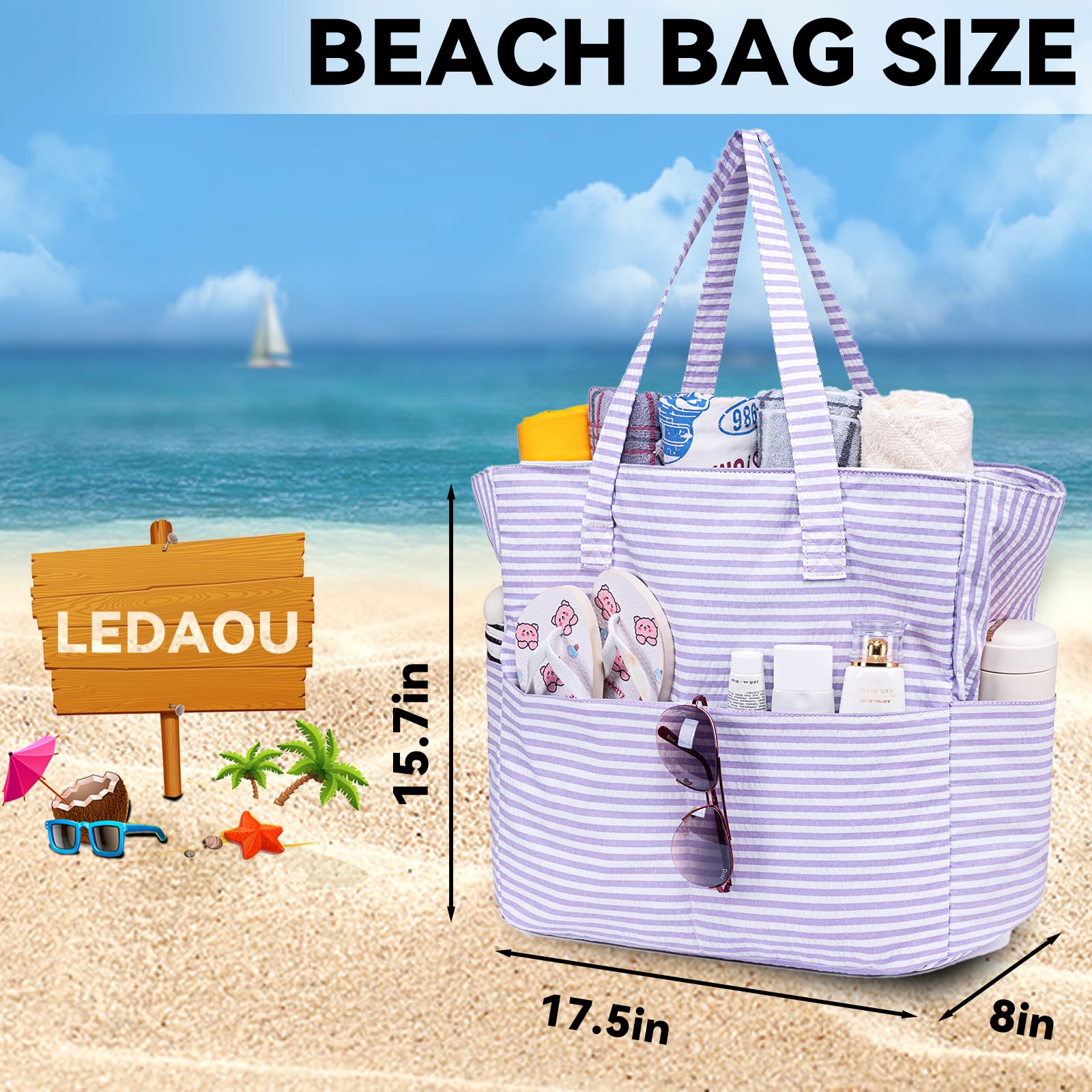 Waterproof Sandproof Beach Tote Bag for Women - Large Zippered Pool Bag with Wet Pocket, Perfect for Gym, Grocery Shopping, Travel & Outdoor Activities