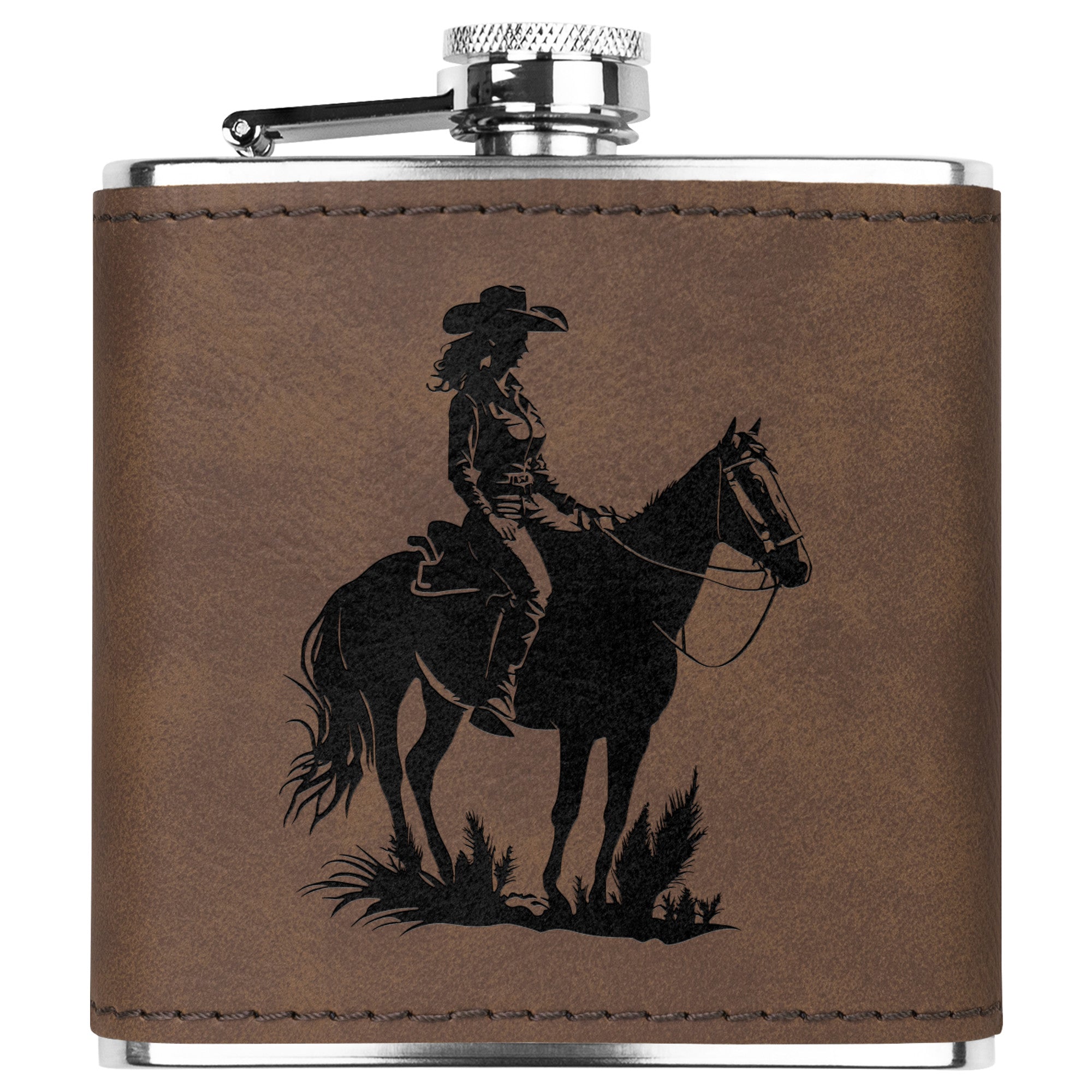 Premium Leather Bound Metal Flask with Cowgirl on Horse Design - Perfect for Outdoor Adventures, Camping, and Western Themed Parties
