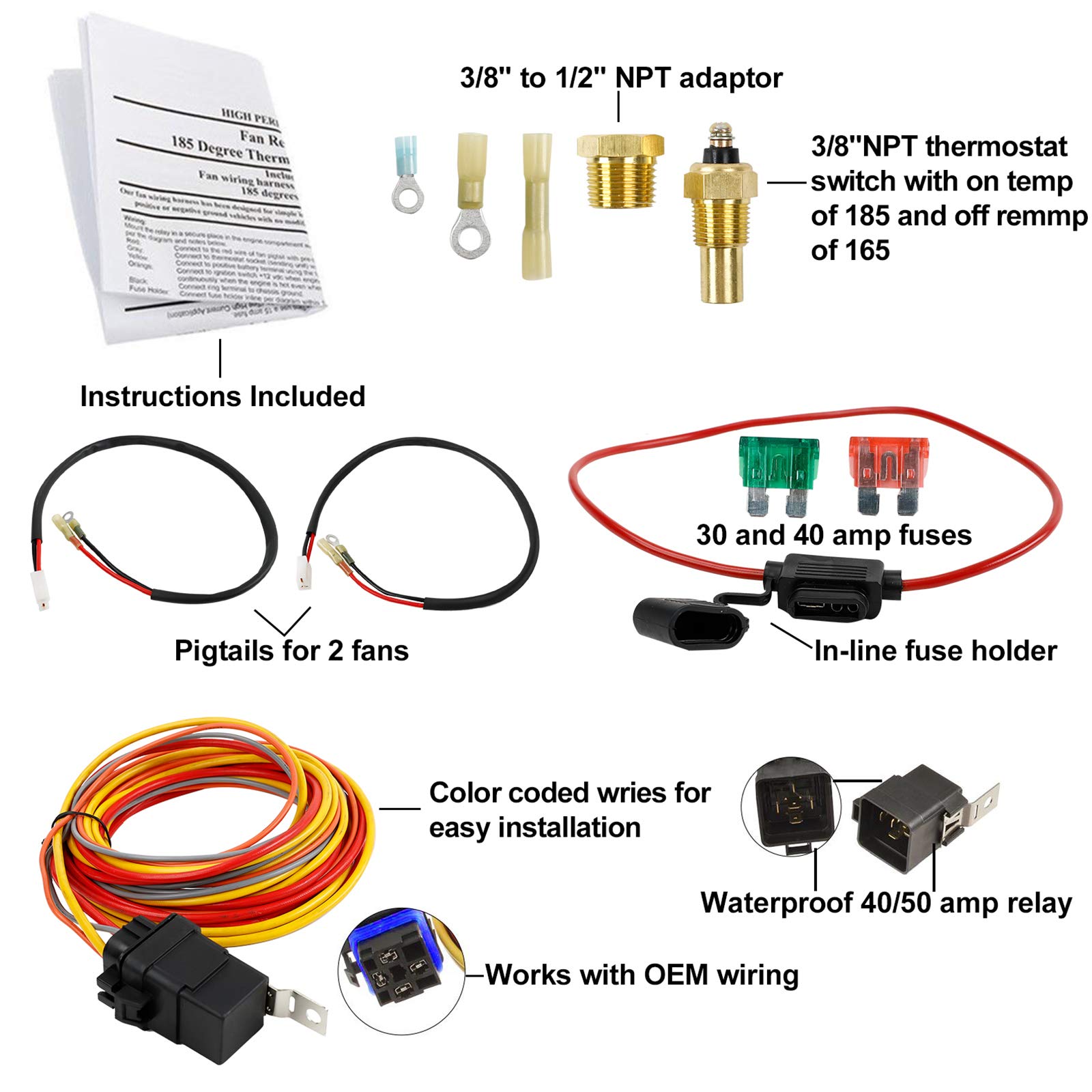 Dual Electric Cooling Fan Wiring Kit with 185°F On / 165°F Off Thermostat - 40/50 AMP Relay for Engine Cooling System - Perfect for Car, Truck & SUV Performance Upgrades