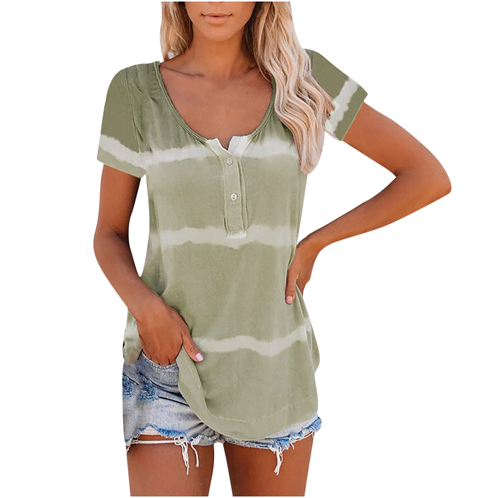LADIGASU Women's Casual Short Sleeve Striped Henley T-Shirt - Round Neck Button Down Tunic Top for Everyday Wear, Work & Weekend Outfits