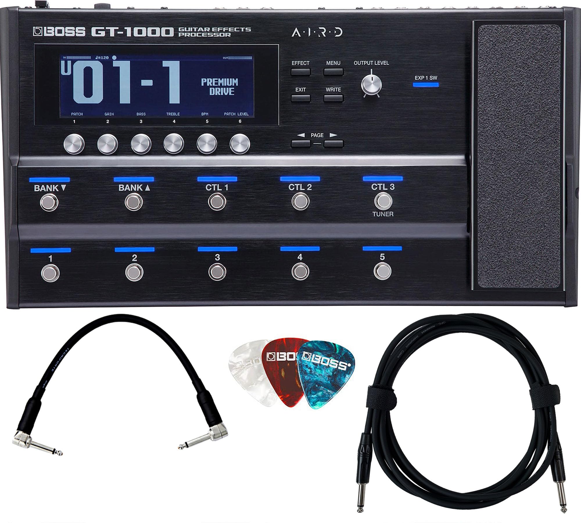 Boss GT-1000 Guitar Multi-Effects Processor Pedal Bundle - Includes 10ft Instrument Cable, 6in Patch Cable & Guitar Picks - Perfect for Live Performances, Studio Recording & Guitar Practice